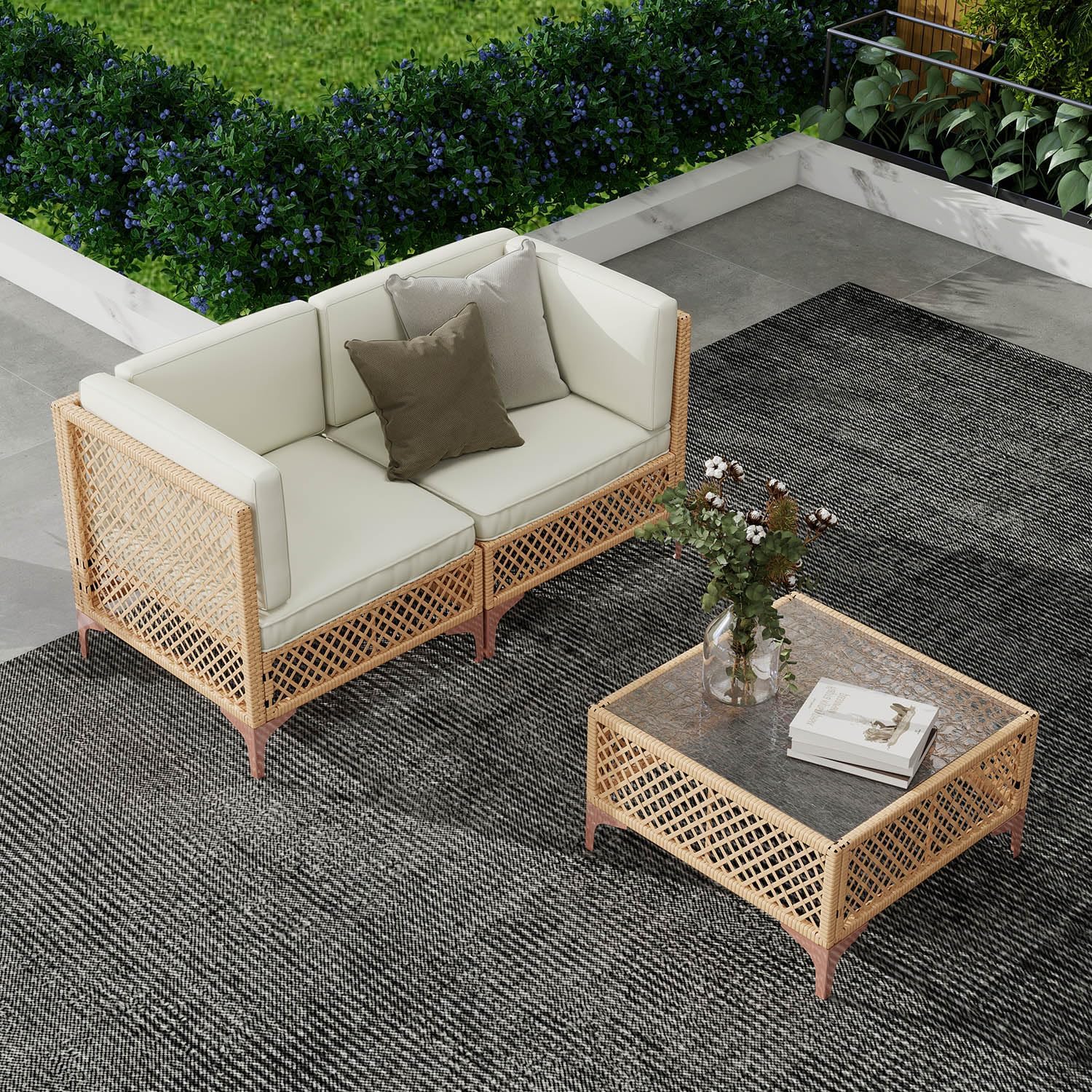 LYNSLIM Outdoor Patio Furniture Set, Wicker Outdoor Sectional Set, Boho Patio Conversation Sectional Sofa with Large Tempered Glass Coffee Table and Waterproof Cushion (3-Piece Patio Furniture)
