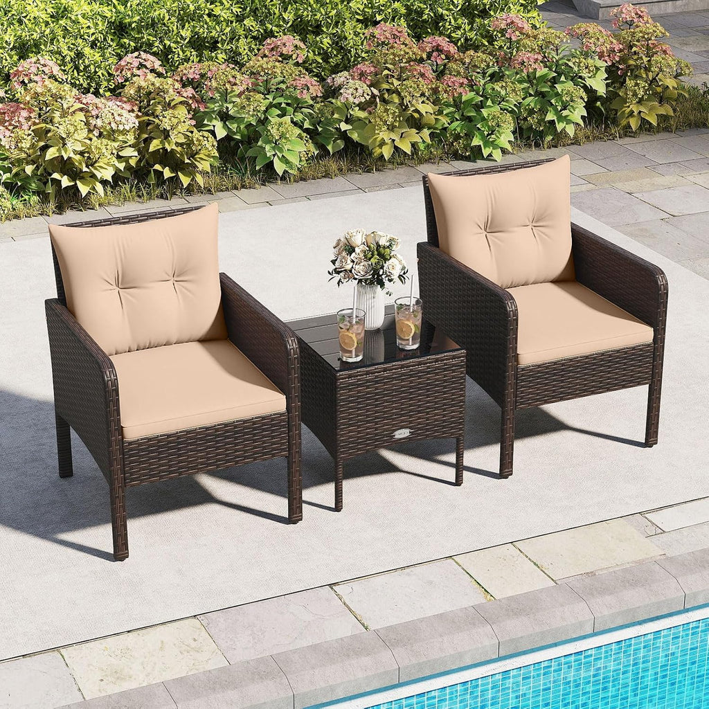 Tangkula 3 Pieces Patio PE Wicker Furniture Set, Outdoor Bistro Conversation Set with Cushions and Tempered Glass Coffee Table, Outside Rattan Table and Chairs for Porch (Beige)