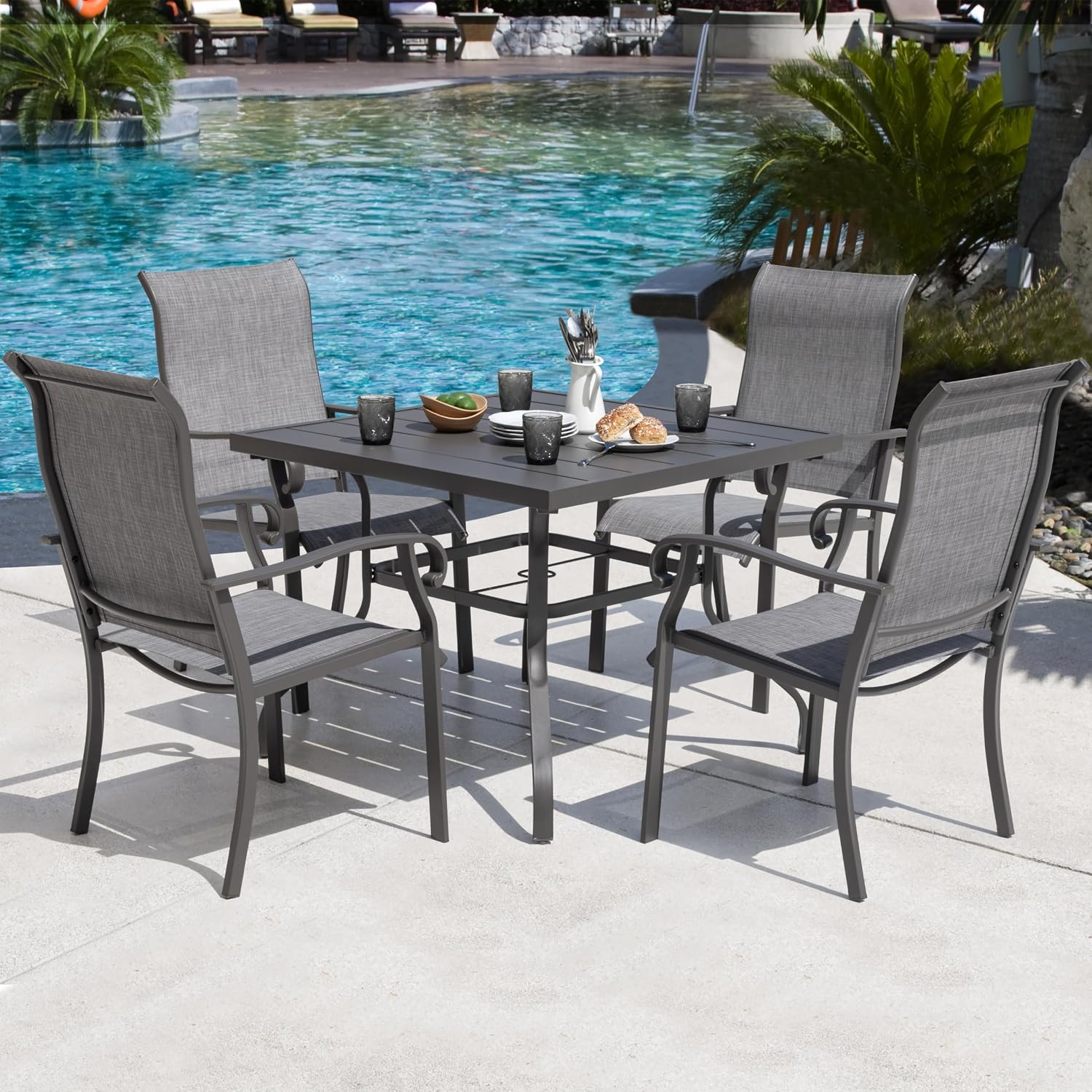 NUU GARDEN Outdoor Patio Dining Set 5 Piece Furniture Set Including Square Outdoor Dining Table with 1.57' Umbrella Hole and 4 Gray Textilene Chairs for Garden, Patio and Poolside Backyards