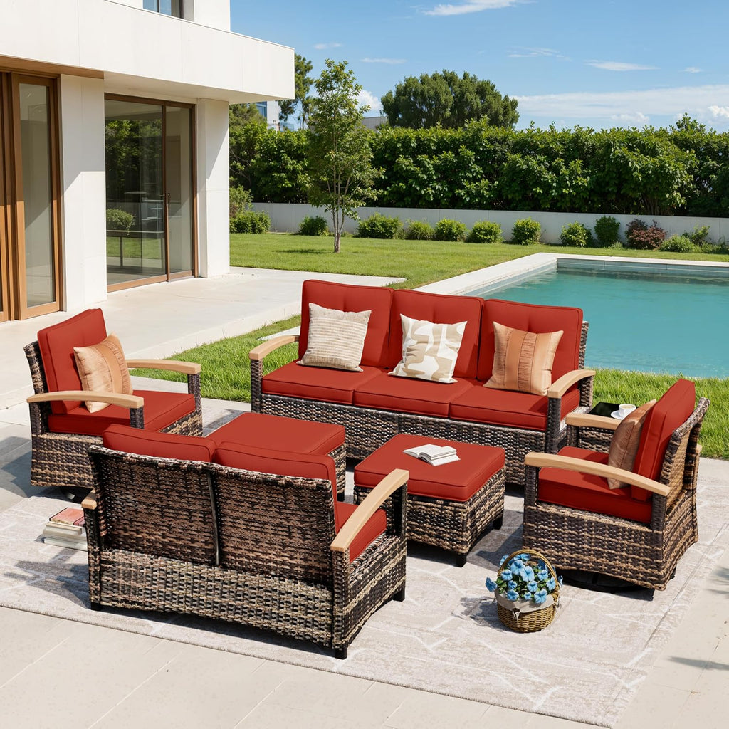 MEISSALIVVE 7 Pieces Outdoor Patio Furniture Sets, Wicker Patio Conversation Sets with 2 Wood Armrests Swivel Glide Chairs, Outdoor Couch for Deck Yard and Poolside (Red)