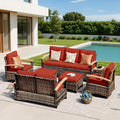 MEISSALIVVE 7 Pieces Outdoor Patio Furniture Sets, Wicker Patio Conversation Sets with 2 Wood Armrests Swivel Glide Chairs, Outdoor Couch for Deck Yard and Poolside (Red)