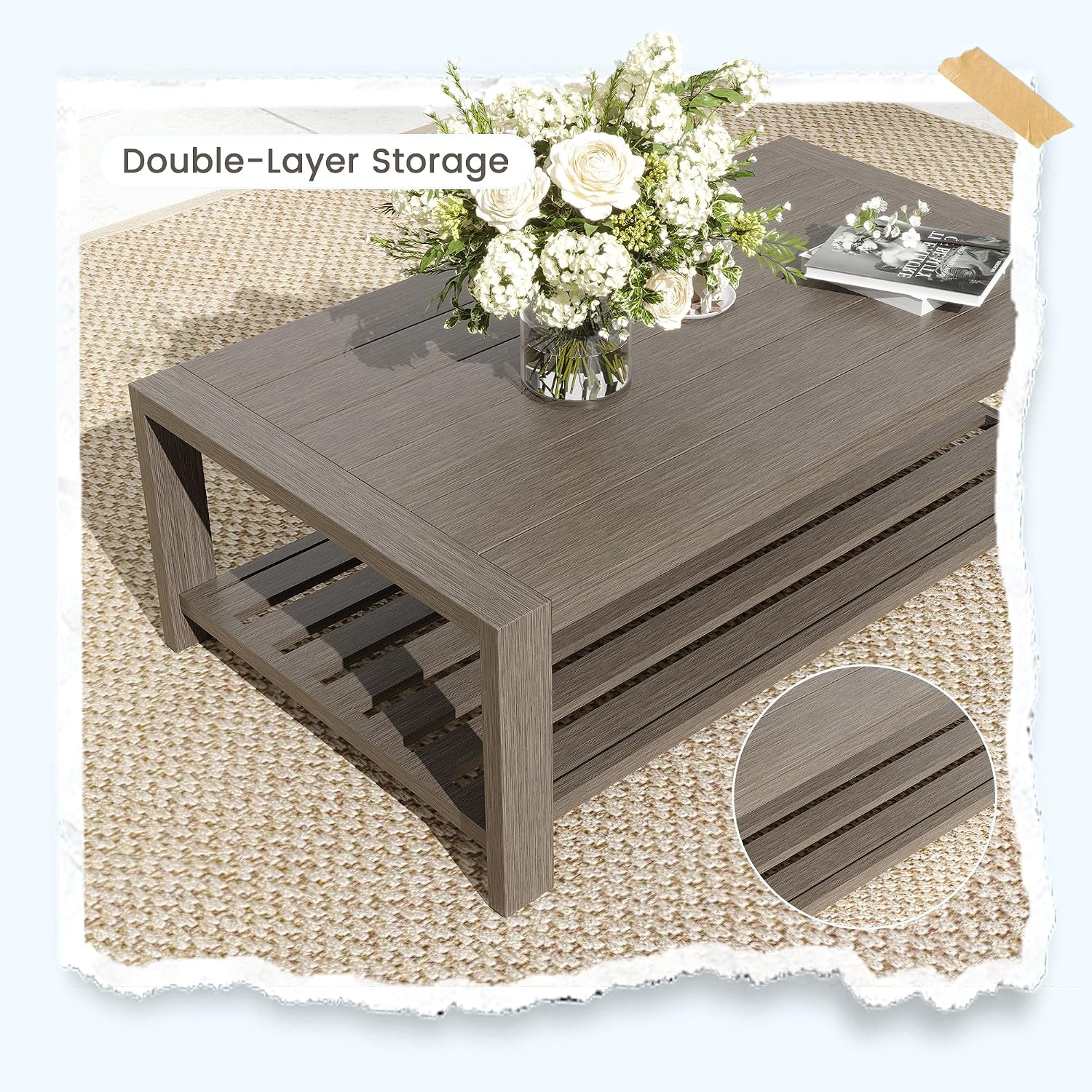 UDPATIO Aluminum Patio Furniture Set, Faux Wood Grain Modern Outdoor Furniture, 6' Cushions Metal Patio Conversation Sofa with Coffee Table for Poolside Deck, 5 PCS, Beige(Include 600D Covers)