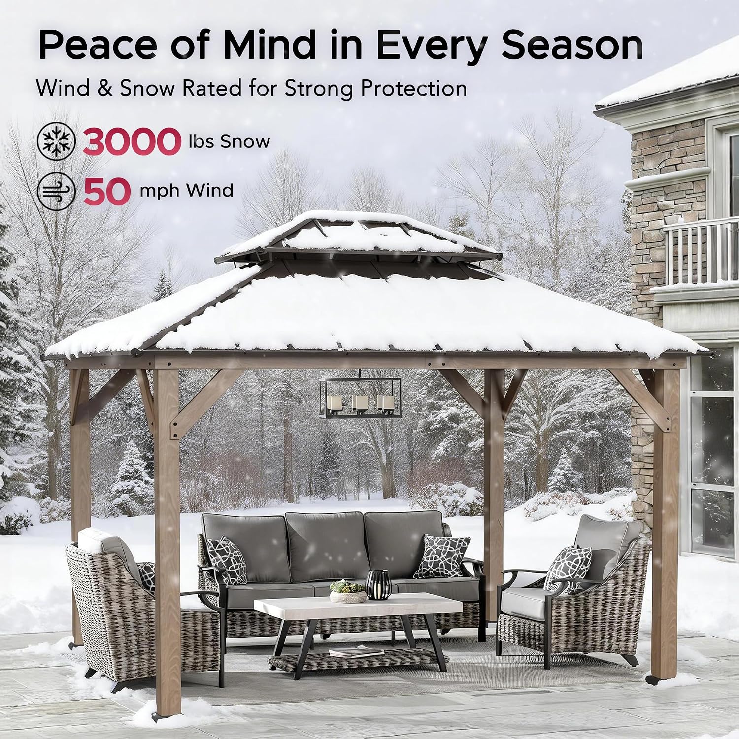 Sunjoy 10 x 12 ft. Wood Gazebo, Outdoor Patio Steel Hardtop Gazebo, Cedar Framed Wooden Gazebo with 2-Tier Metal Roof, Suitable for Patios, Lawn and Backyard, Dark Brown Roof + Dark Wood Frame