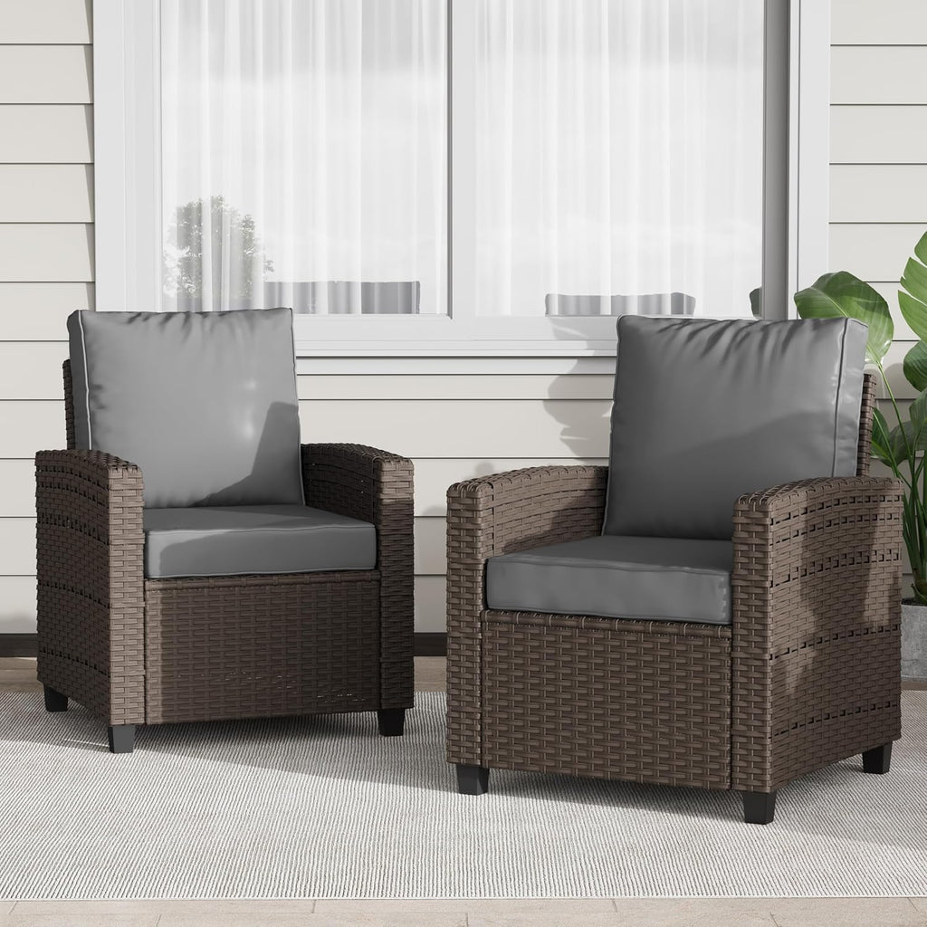 BUPPLEE 2 Pieces Patio Furniture Set, Outdoor Wicker Chairs Set of 2, All Weather High Back Rattan Chairs, Seating Club Chair Porch Chairs Set with Cushions for Balcony Porch Deck, Gray