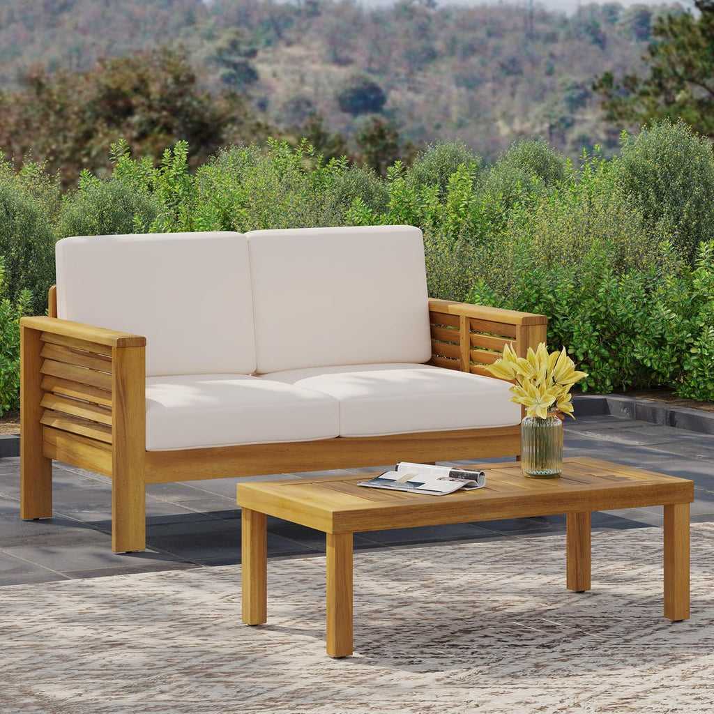 Merax Outdoor Acacia Wood Loveseat and Coffee Table Patio Conversation Set with Cushions for Backyard