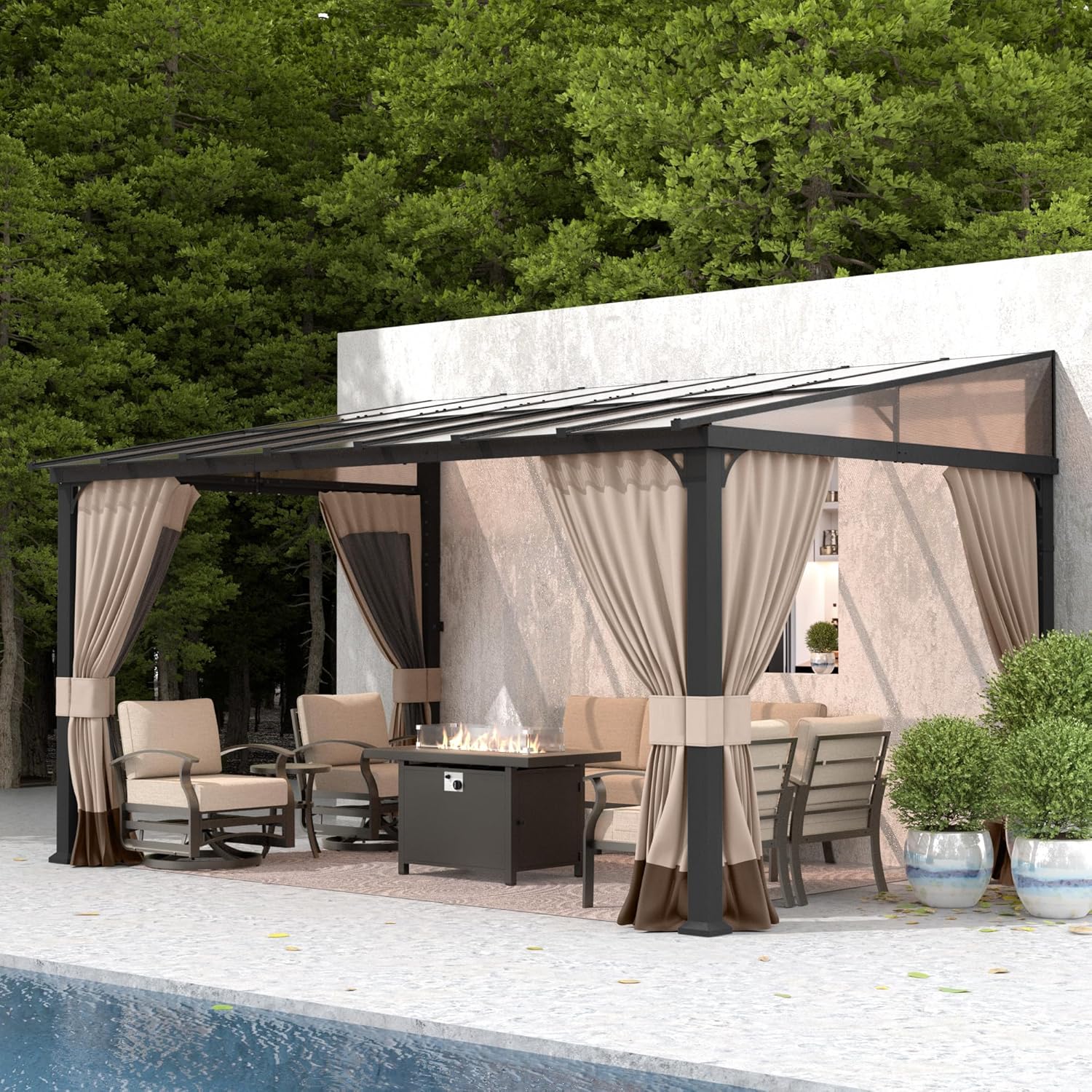 Gotland 10 FT x 12 FT Lean to Gazebo, 3 in 1 Outdoor Gazebo with Sloped Roof, Wall Mounted Gazebo with Ground Anchor Sturdy Structure, Galvanized Steel Metal Pergola for Backyard Deck Khaki