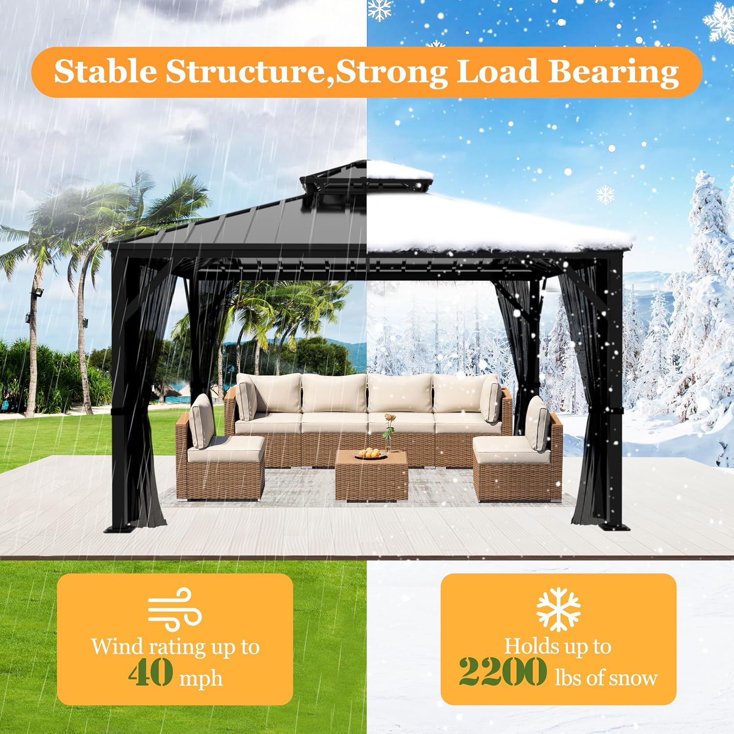 Yardenaler 10x10 FT Hardtop Gazebo Canopy with Double Galvanized Steel Roof, Permanent Outdoor Pavilion with Mesh Netting for Patio. Garden, Backyard, Black