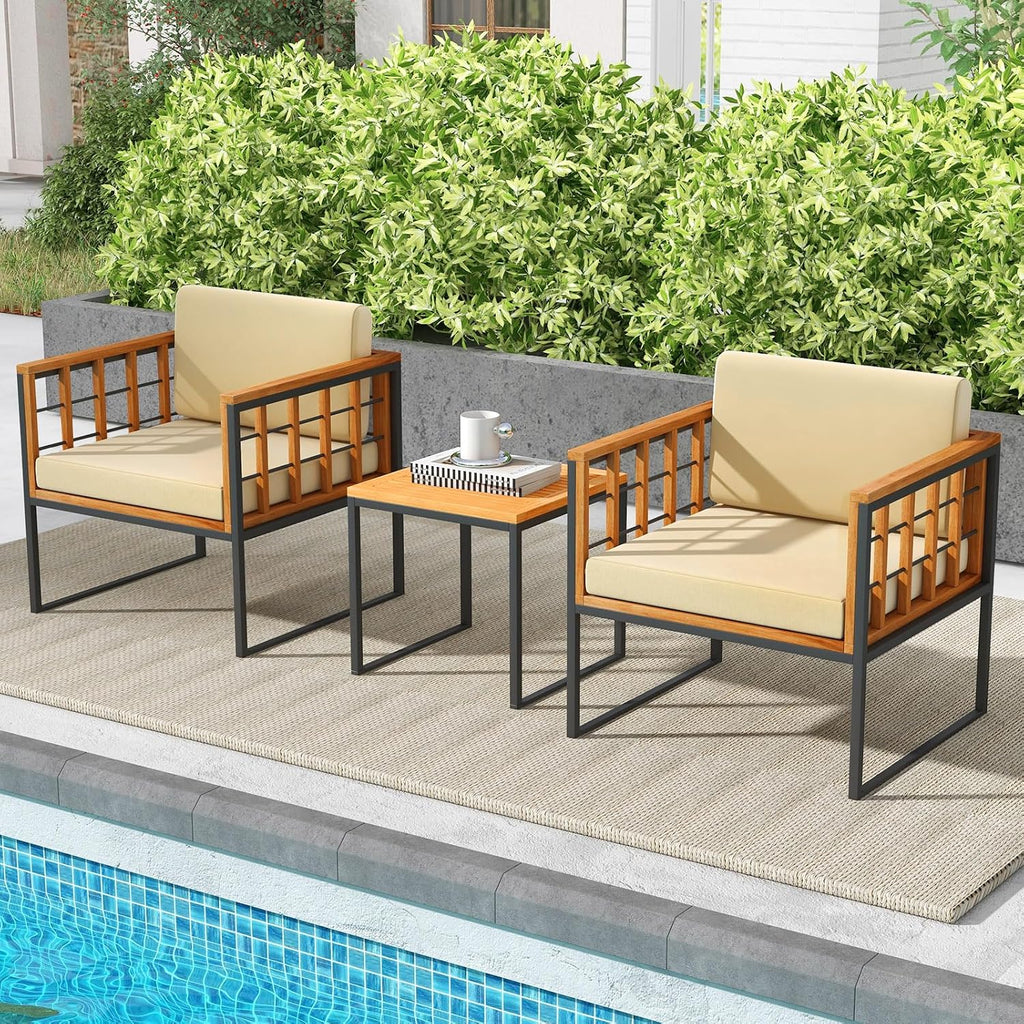 Tangkula 3 Pieces Patio Chair Set, Acacia Wood Outdoor Sofa Set with Metal Support, Soft Seat & Back Cushions Included, Cushioned Bistro Set for Balcony, Porch, Backyard (Beige)