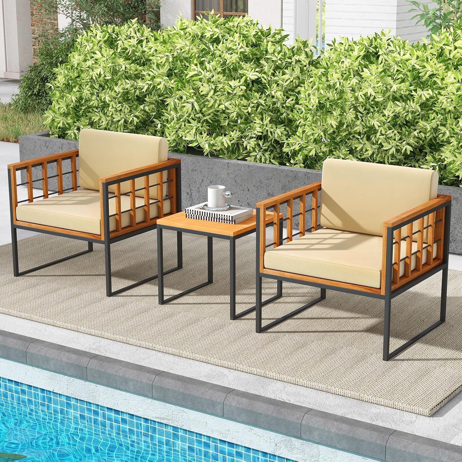 Tangkula 3 Pieces Patio Chair Set, Acacia Wood Outdoor Sofa Set with Metal Support, Soft Seat & Back Cushions Included, Cushioned Bistro Set for Balcony, Porch, Backyard (Beige)