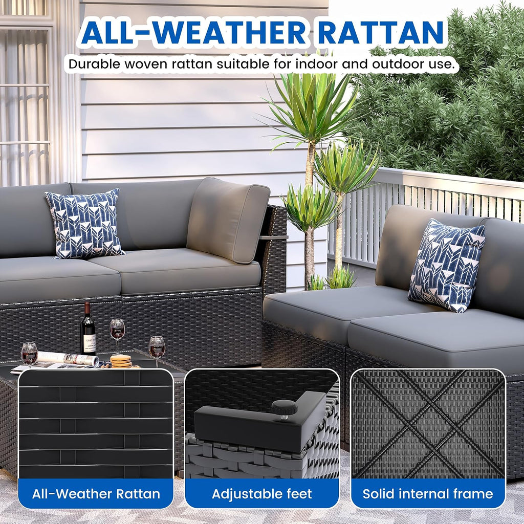 Patio Furniture Sets, 7-Piece Outdoor Patio Furniture with Thick Cushions,Coffee Table Outdoor All-Weather Conversation Set Sectional Sofa for Backyard, Poolside, Garden(Grey)