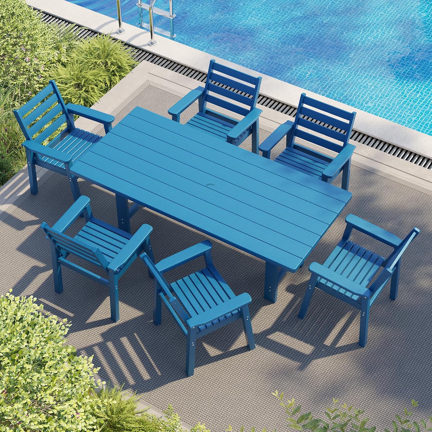 AMERLIFE 7-Piece HDPE Outdoor Dining Table Set with 6 Chairs, 71' Patio Dining Table Sets with Umbrella Hole, Modern Dinner Table & Chairs Set for Garden, Backyard, Poolside, Blue