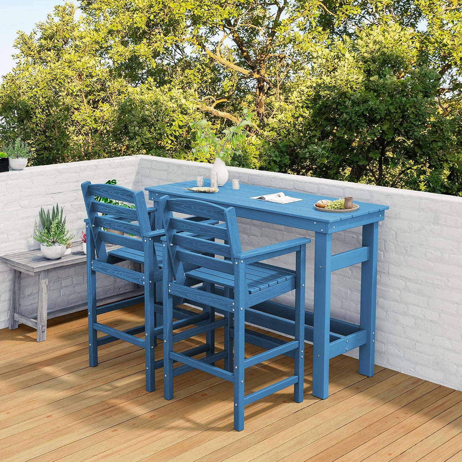 SERWALL Outdoor Bar Table and Chairs Set, Adirondack Bar Chairs Set of 2 and Bar Height Table, All Weather HDPE Patio Bar Set, Outdoor Furniture for Outside, Blue