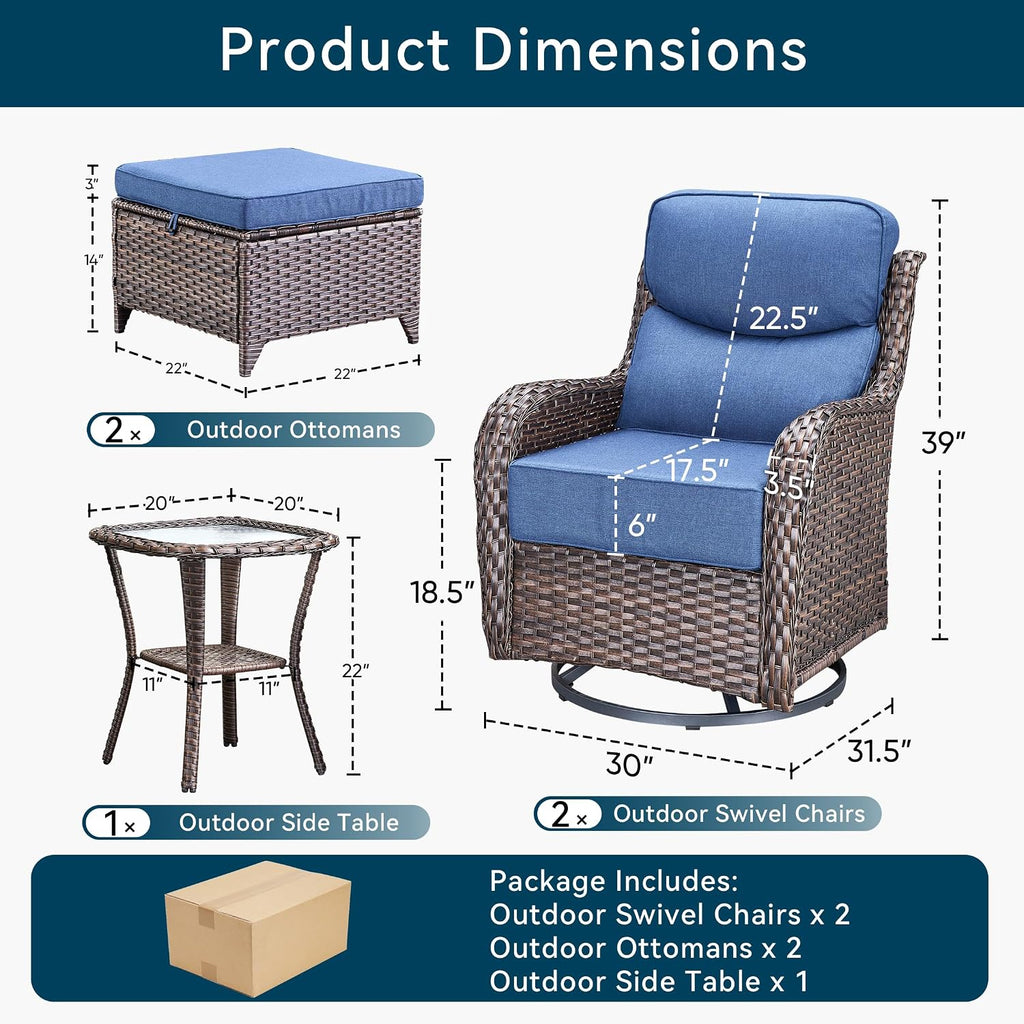 Luxury High Back Outdoor Furniture with 6-Inch Thick Cushions, Patio Furniture Set with Ottomans, 5 PCS Wicker Conversation Set for Porch, Balcony, Deck and Yard