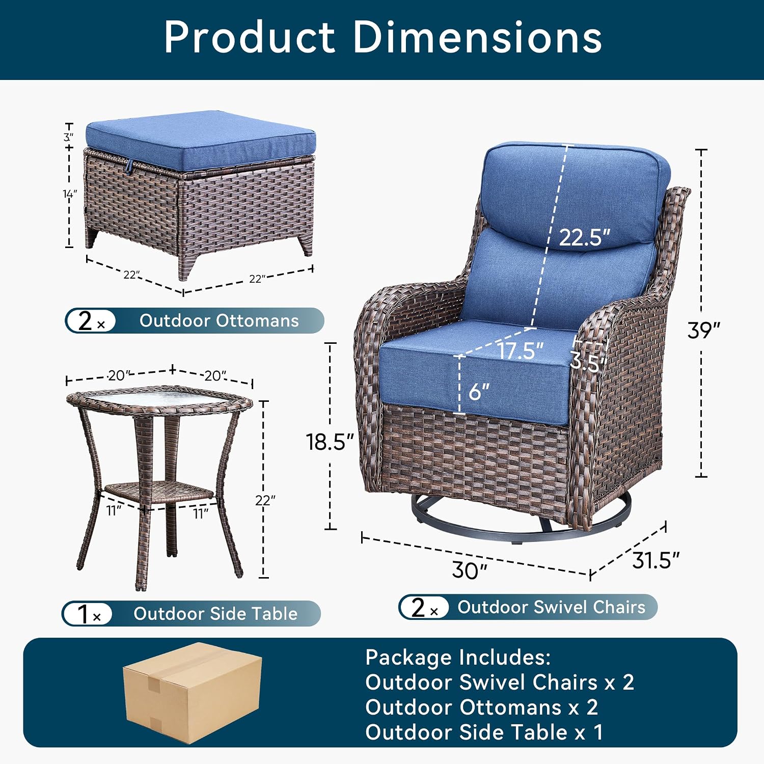 Luxury High Back Outdoor Furniture with 6-Inch Thick Cushions, Patio Furniture Set with Ottomans, 5 PCS Wicker Conversation Set for Porch, Balcony, Deck and Yard