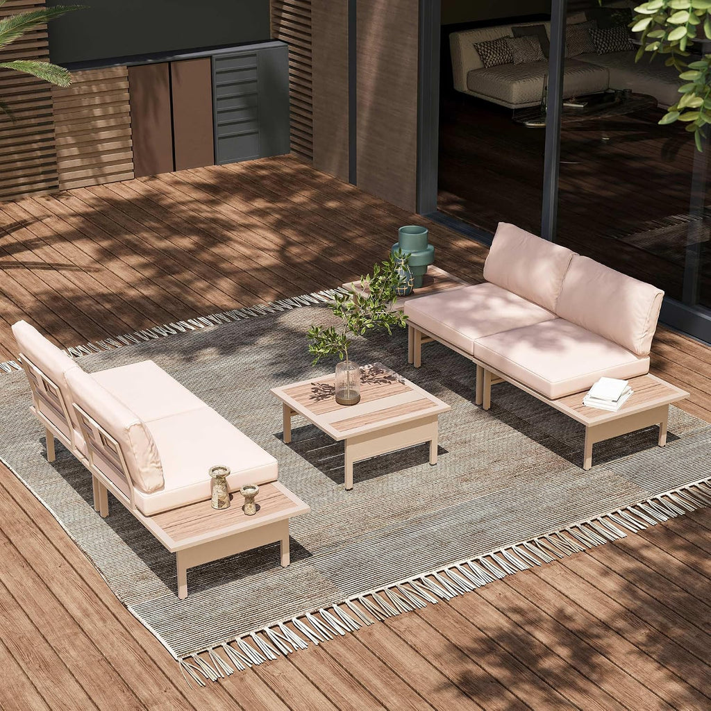 LAUSAINT HOME 6 Pieces Patio Furniture Set, Outdoor Metal Frame Patio Conversation Sets with Coffee Table & Thick Cushions for Garden, Poolside, Backyard(Beige)