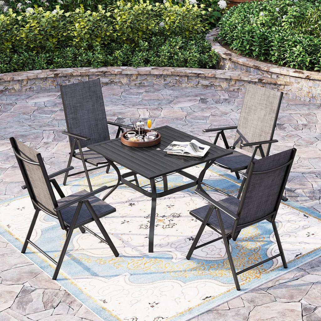 Sophia & William 5 Piece Outdoor Patio Dining Set, Outdoor Dining Table Set with 4 Foldable Textilene High Back Sling Chairs and Square Metal Table with 1.57' Umbrella Hole, Grey
