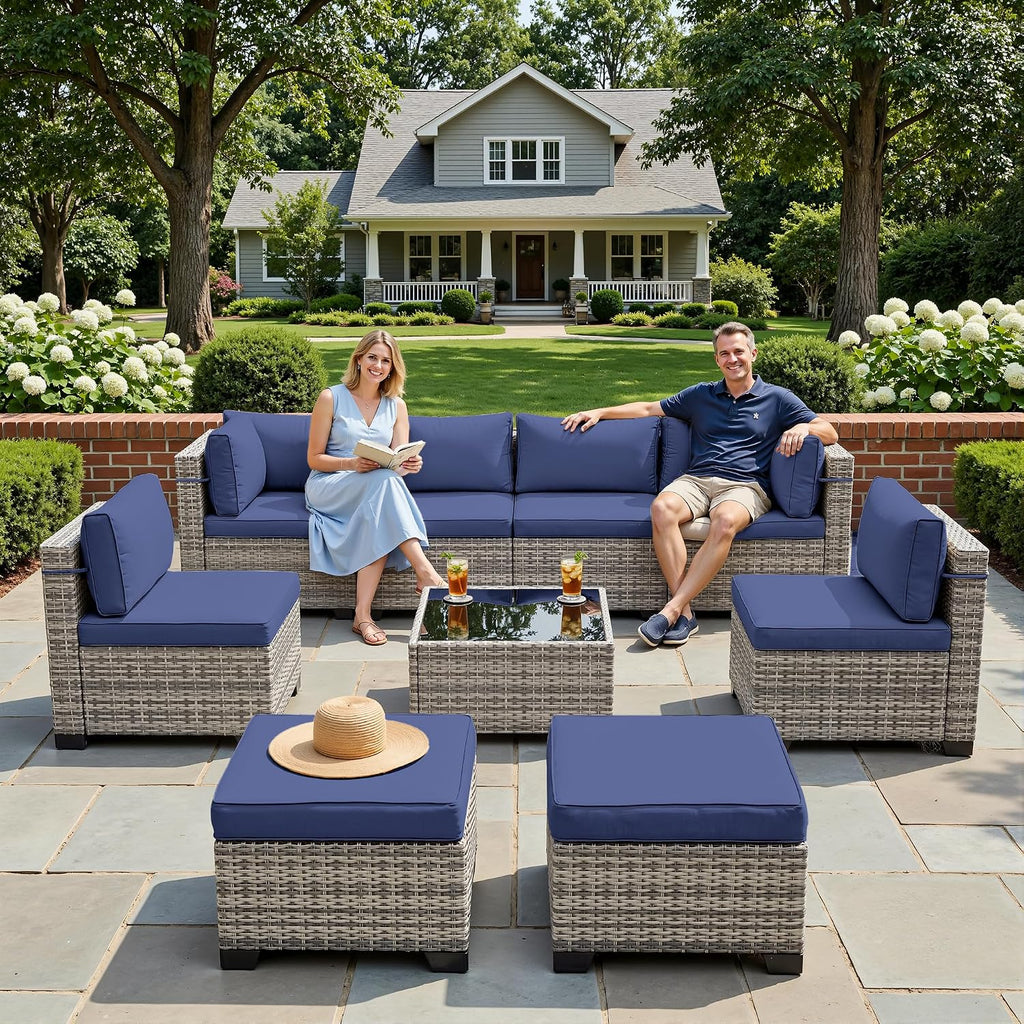 9-Piece Patio Furniture Set, Outdoor Sectional with Ottomans, Modular Patio Sofa, Dual-Strand Wicker Rattan, Rust-Resistant Frame, Backyard Furniture for Garden, Deck, Navy Blue