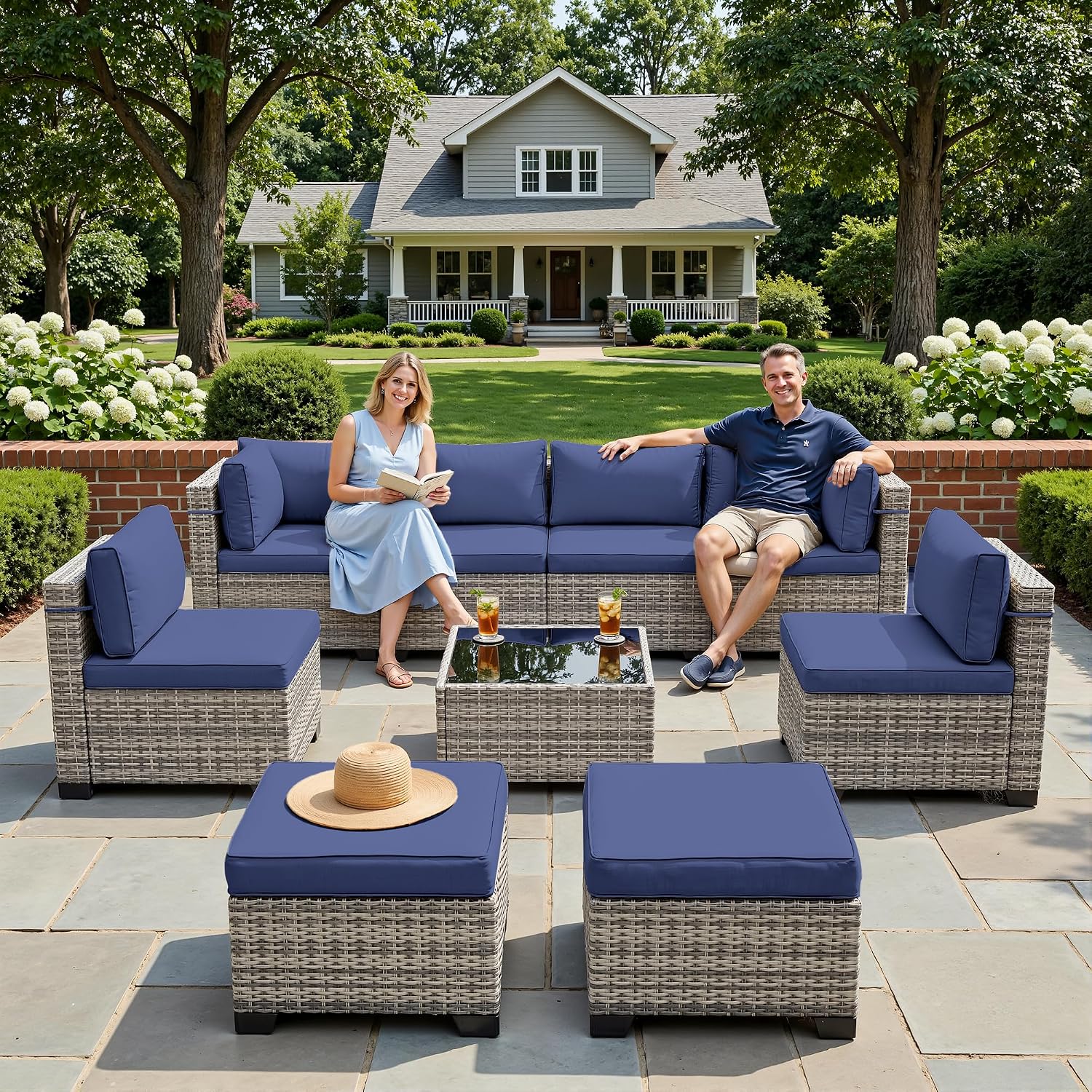 9-Piece Patio Furniture Set, Outdoor Sectional with Ottomans, Modular Patio Sofa, Dual-Strand Wicker Rattan, Rust-Resistant Frame, Backyard Furniture for Garden, Deck, Navy Blue