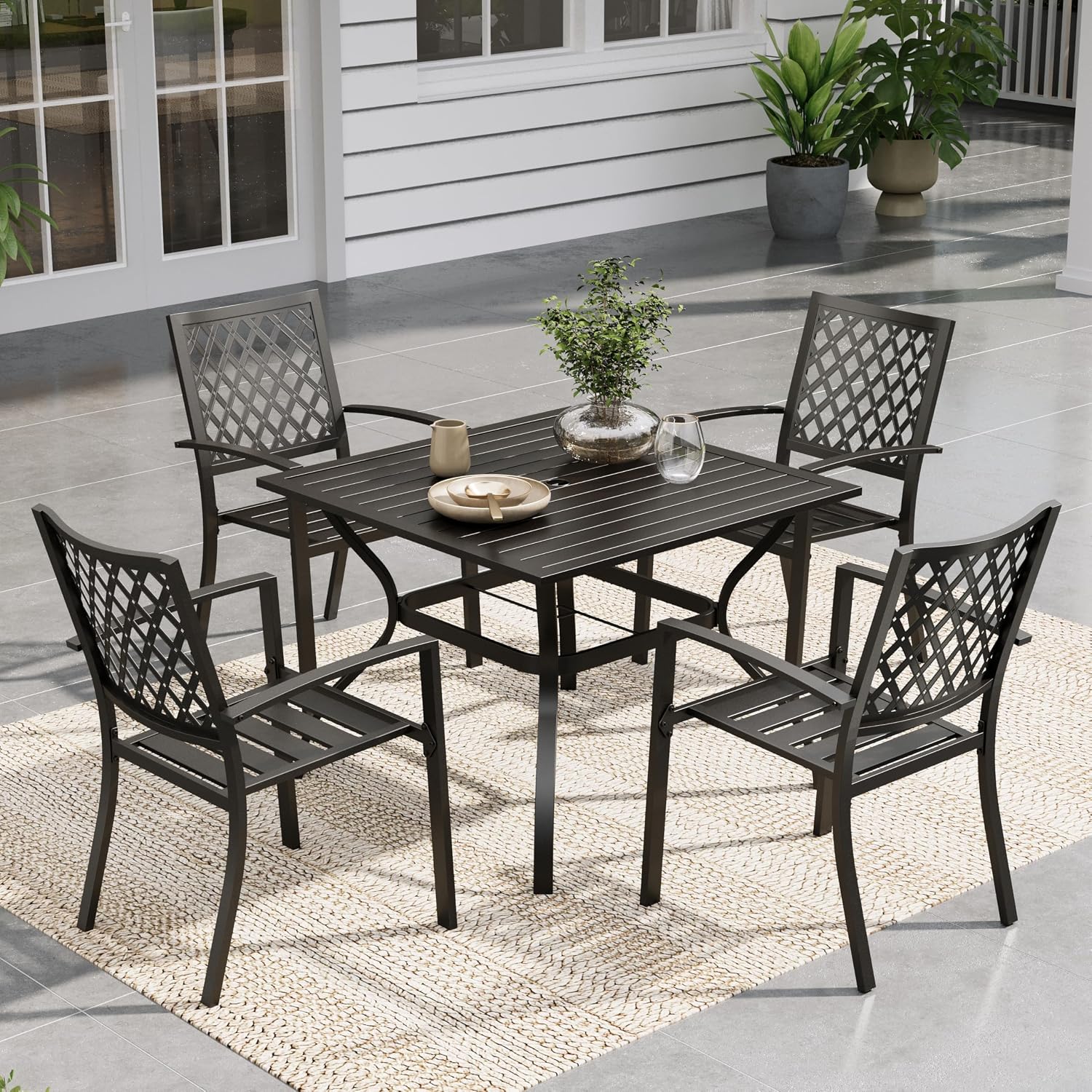 Sophia & William Patio Table and Chairs Set, Outdoor Dining Set for 4, 5 Piece Metal Patio Furniture, 37' Black Square Table(Diamond)