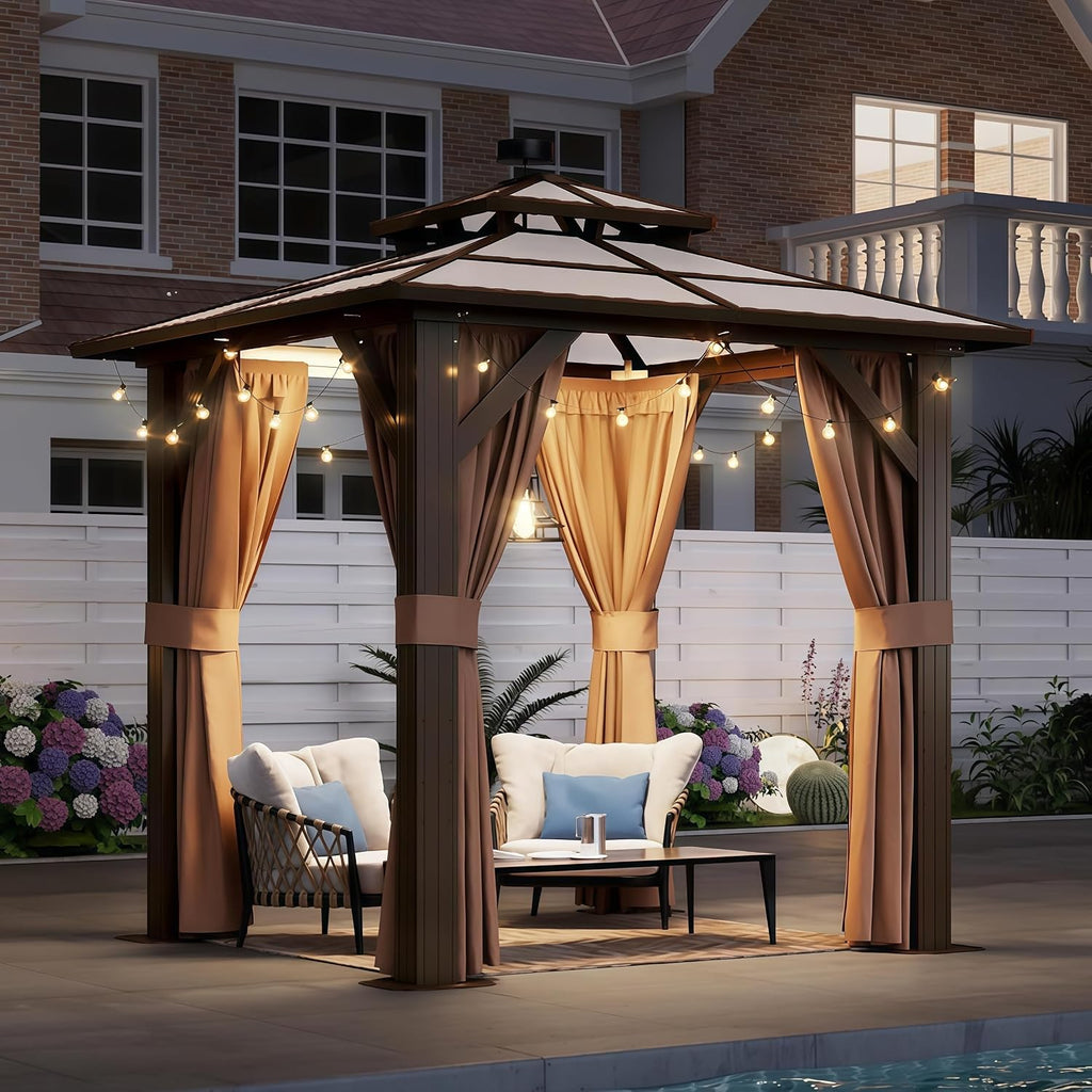 Aoxun 8'x 8' Hardtop Gazebo, Outdoor Polycarbonate Double Top Canopy, Aluminum Frame Gazebo with Netting and Curtains, Sunshade for Gardens, Patios, Lawns, Brown