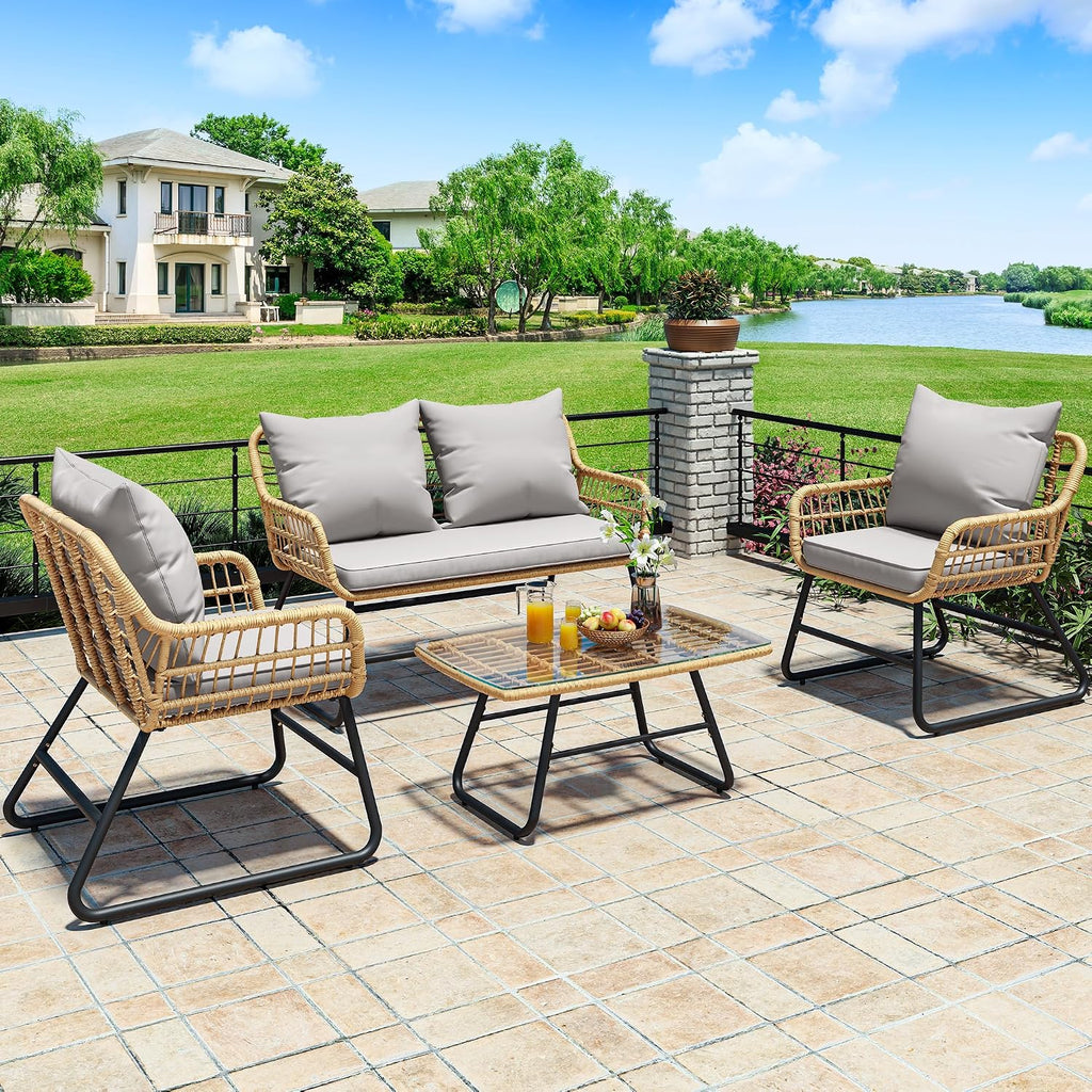 YITAHOME 4-Piece Patio Furniture Set, Wicker Outdoor Bistro Set, All Weather Rattan Patio Conversation Set with Soft Cushions and Glass Side Table for Backyard, Balcony, Deck - Light Grey