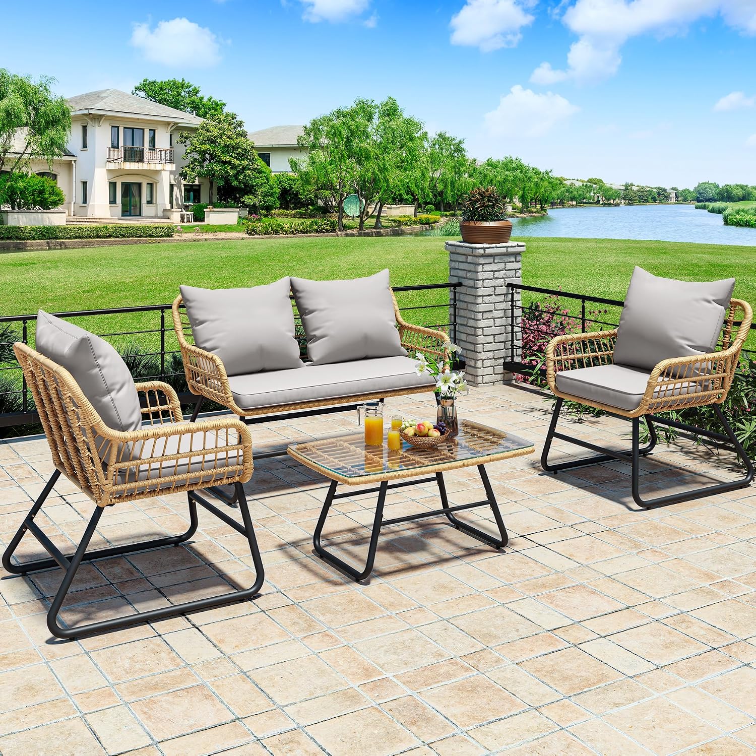 YITAHOME 4-Piece Patio Furniture Wicker Outdoor Bistro Set, All-Weather Rattan Conversation Loveseat Chairs for Backyard, Balcony and Deck with Soft Cushions and Metal Table (Light Grey+Beige)