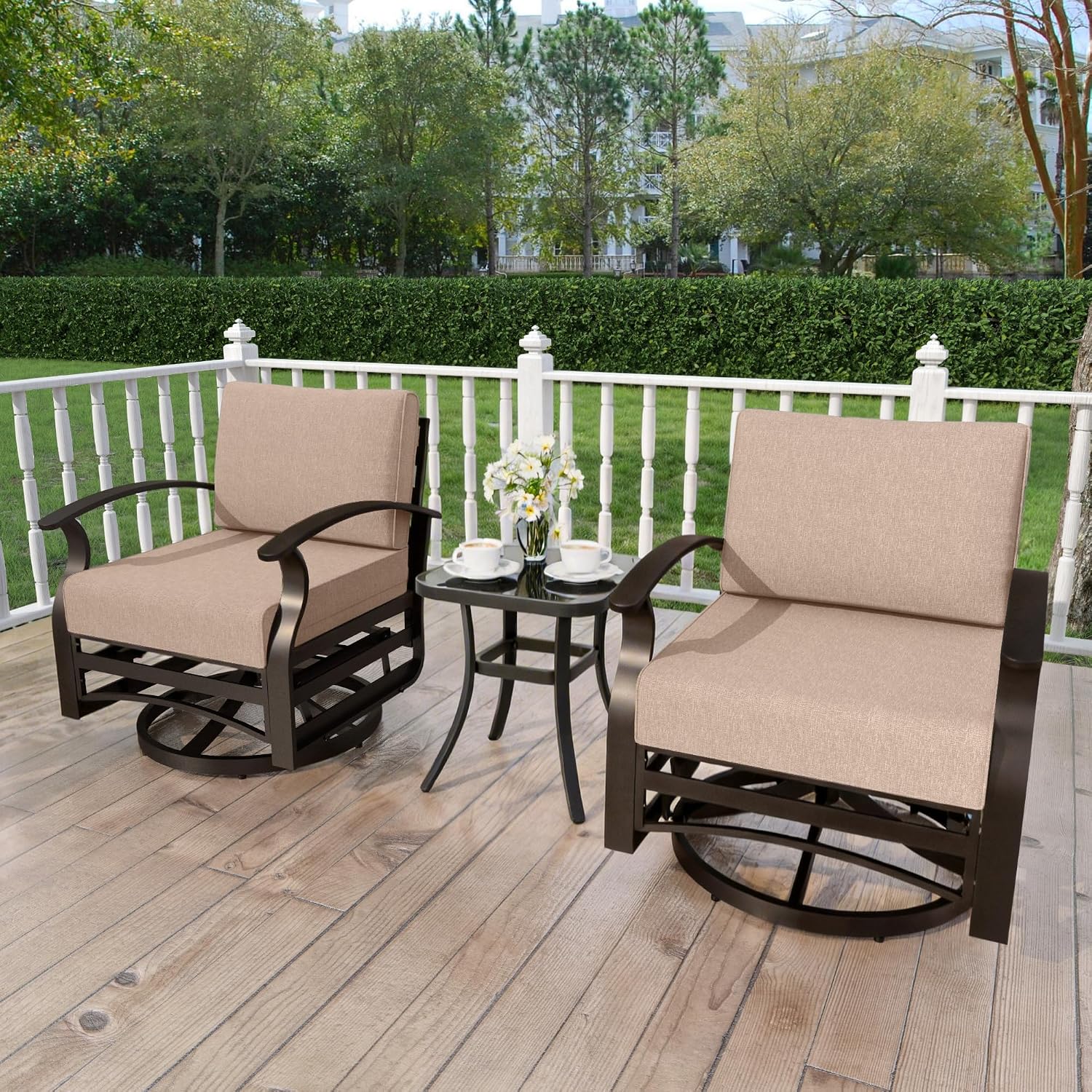 Kurapika 3 Pieces Patio Furniture Set, Outdoor Aluminum Swivel Gliders Rocker, Patio Bistro Set Rocking Chair with Thickened Cushions and Side Table for Porch Garden Deck (Sand)