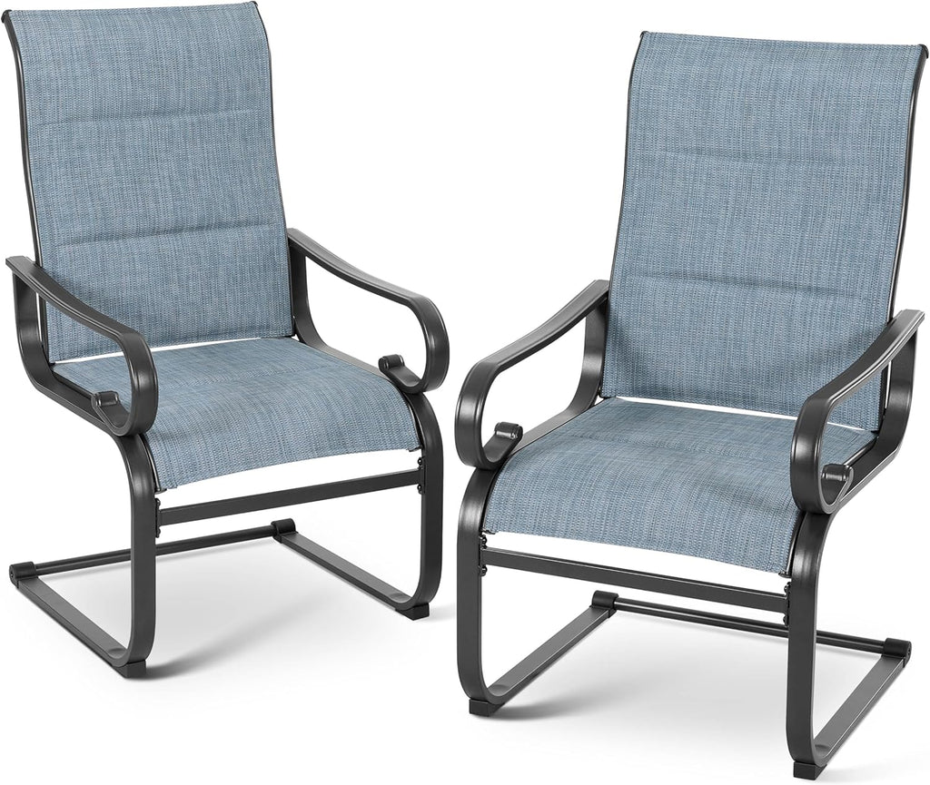 NUU GARDEN Set of 2 Padded Textilene Patio Dining Chairs C Spring Outdoor Chairs with Curved Armrests Powder Coated Metal Frame Patio Furniture for Garden Backyard Poolside Lawn Blue and Black