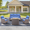 Luxury High Back Outdoor Furniture 6-Inch Thick Cushions with 50,000 BTU Gas Propane Fire Pit Tablet, Patio Furniture Set with Swivel Chairs, for Porch, Balcony, Deck and Yard