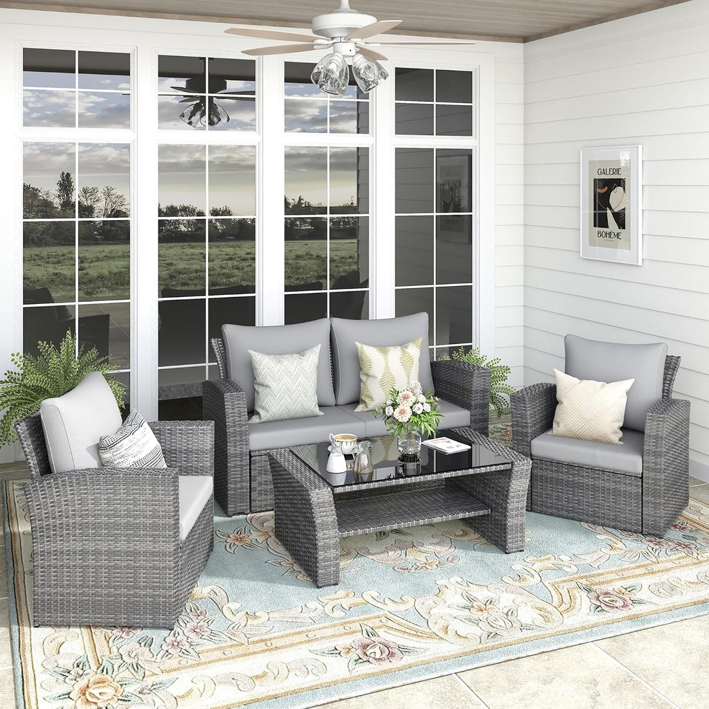 FansaFurn 4-Piece Outdoor Patio Furniture Set, All Weather Wicker Rattan Sectional Sofa Conversation Seating Set with Cushions & Large Glass Coffee Table, Ideal for Garden Backyard Porch, Grey