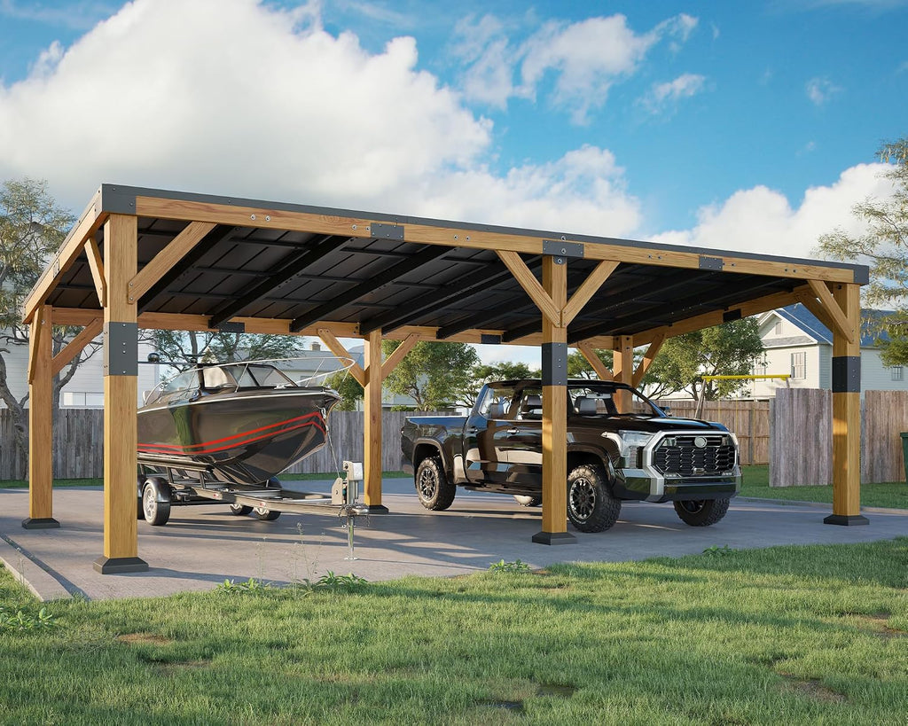 Jocisland 12x24x8.2 FT Cedar Wood Carport for 2 Cars, Heavy Duty Canopy Carport with Sloped Galvanized Steel Roof for All Weather, Permanent Shelter for Full-Sized Pickup Truck, Boat & Tractor
