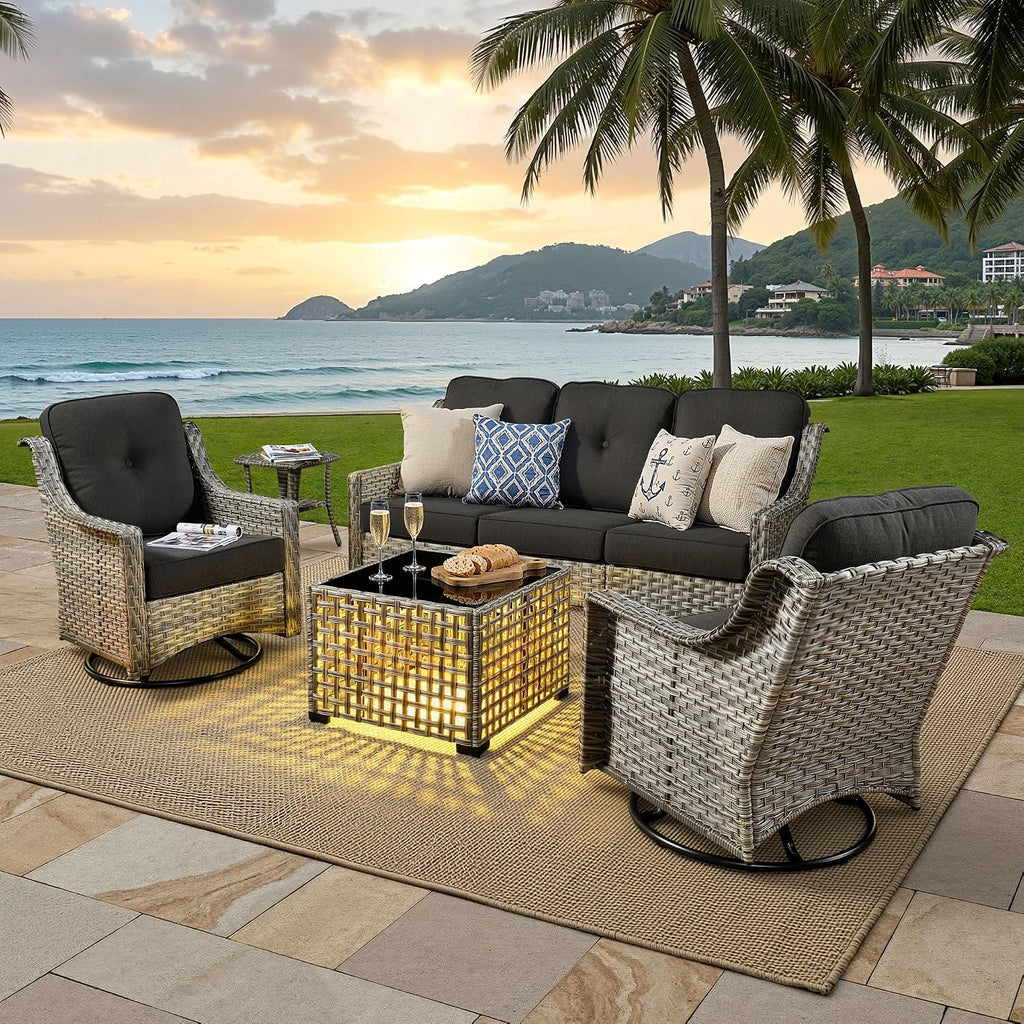 ovios 5 Piece Outdoor Patio Furniture with 3 Seat Sofa,Rattan Wicker Coversation Set with Swivel Rocking Chair,Balcony Sofa Set with Shiny Table for Outside Porch Backyard Pool, Black