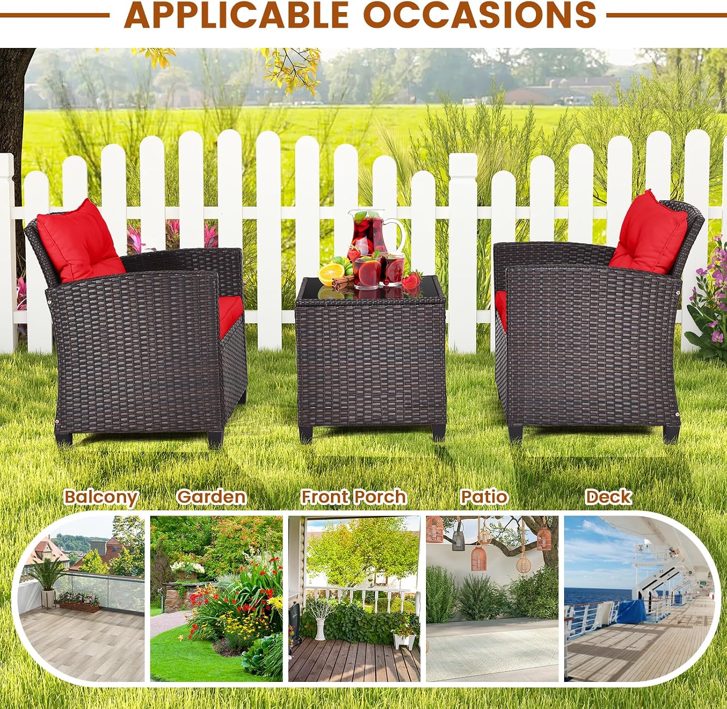 ORALNER 3 Pieces Patio Furniture Set, Outdoor Wicker Conversation Set Rattan Chairs with Cushions, Glass Coffee Table, Bistro Set for Front Porch Balcony Garden Deck Poolside (Red)