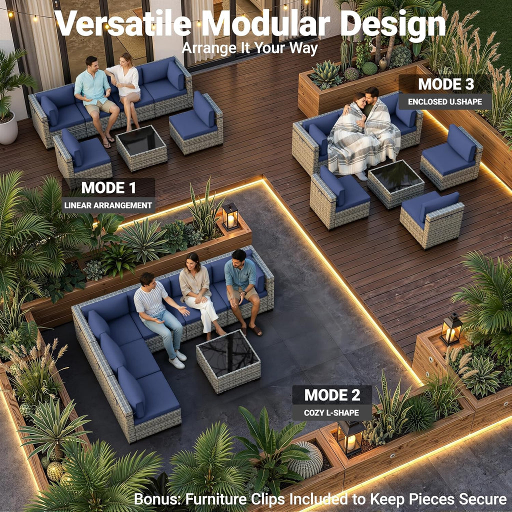 7-Piece Patio Furniture Set, Outdoor Sectional with Thick Cushions, Modular Patio Sofa, Dual-Strand Wicker Rattan, Rust-Resistant Frame, Backyard Furniture for Garden, Deck, Navy Blue