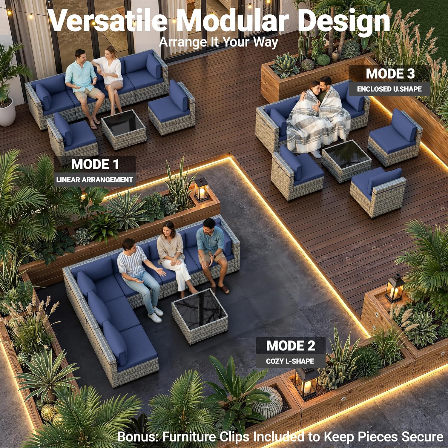 7-Piece Patio Furniture Set, Outdoor Sectional with Thick Cushions, Modular Patio Sofa, Dual-Strand Wicker Rattan, Rust-Resistant Frame, Backyard Furniture for Garden, Deck, Navy Blue