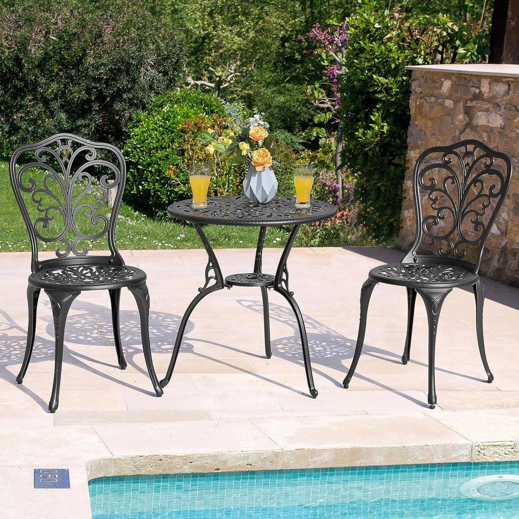 NUU GARDEN 3 Piece Bistro Set Outdoor, All Weather Cast Aluminum Patio Bistro Sets Patio Table and Chairs Set of 2 with Umbrella Hole for Yard, Balcony, Black, Butterfly Backrest