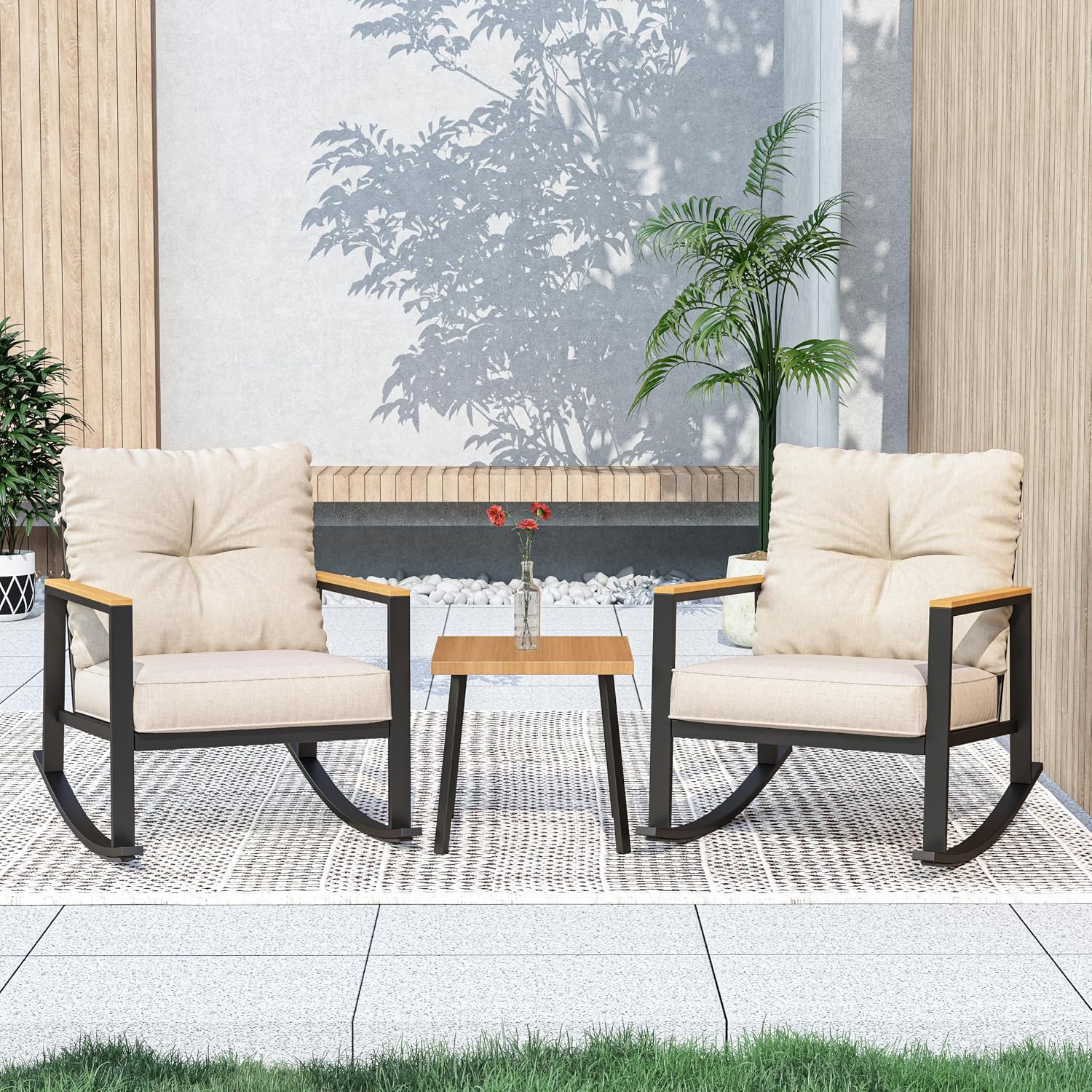 3 Pieces Rocking Bistro Set, Outdoor Patio Furniture Set with Thick Cushions and Coffee Table, Patio Conversation Sets for Garden, Balcony, Backyard, Beige
