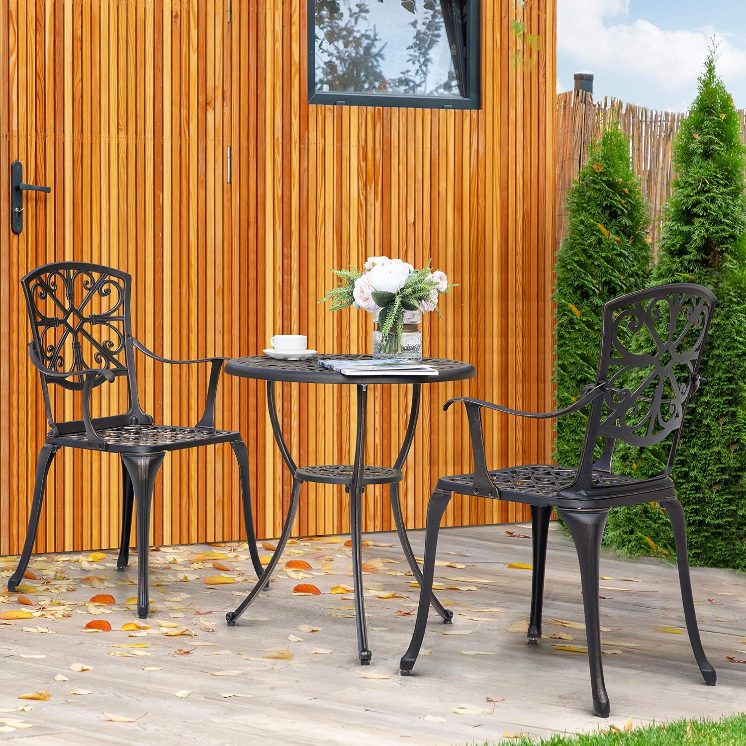 NUU GARDEN 3 Piece Outdoor Bistro Set Cast Aluminum Patio Set Bistro Table Set Rustproof Patio Table and Chairs with Umbrella Hole for Backyard, Balcony, Front Porch, Black