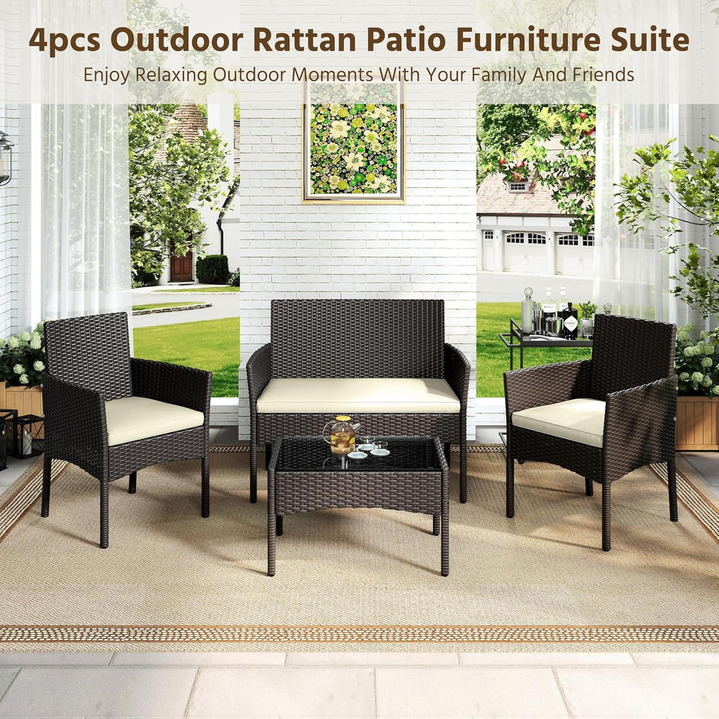 Yaheetech Patio Furniture Set 4 Pieces Conversation Sets, Rattan Chair Wicker Set Loveseat with Soft Cushion and Glass Table for Backyard Porch Garden Poolside Balcony, Brown and Beige