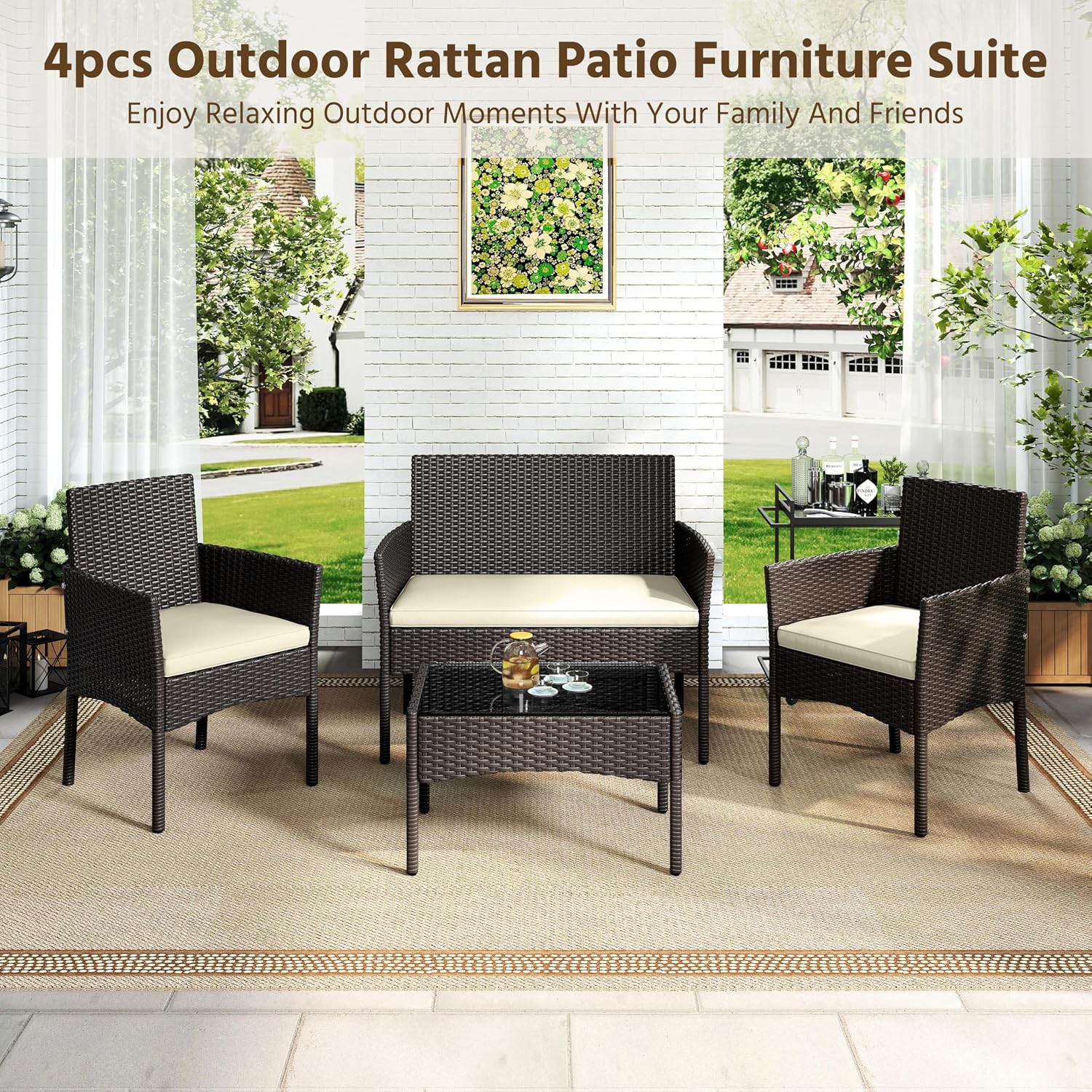 Yaheetech Patio Furniture Set 4 Pieces Conversation Sets, Rattan Chair Wicker Set Loveseat with Soft Cushion and Glass Table for Backyard Porch Garden Poolside Balcony, Brown and Beige