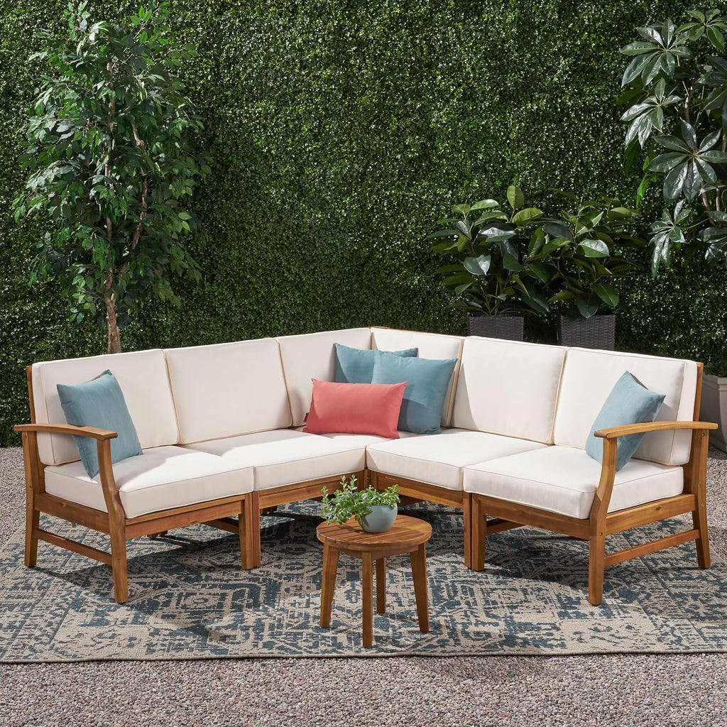 Christopher Knight Home Perla 5 Piece Patio Furniture Set, 5 Seater Acacia Wood Outdoor Corner Sofa Set, Patio Sectional Sofa Couch with Water Resistant Cushions, Teak+Cream