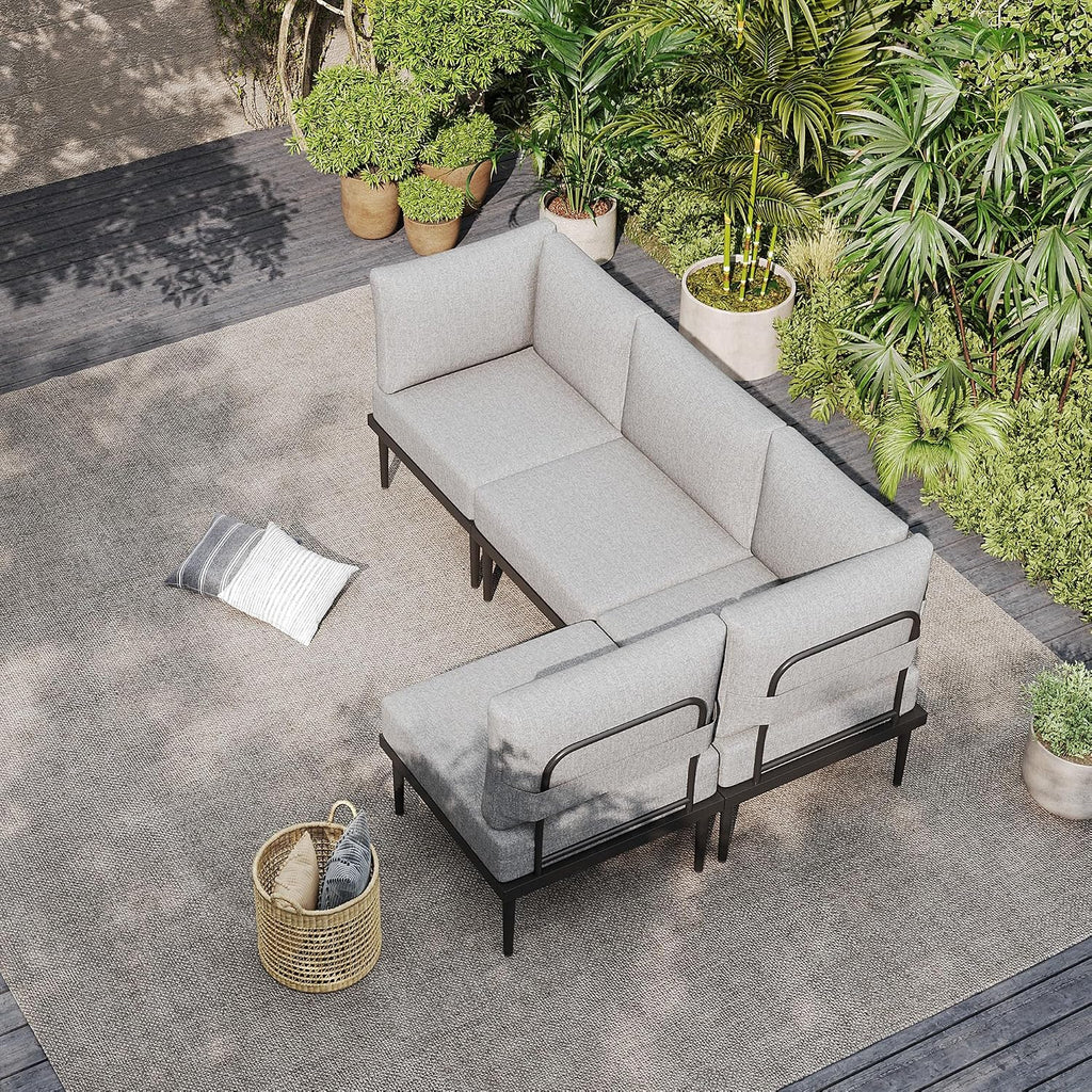 Sundale Outdoor 4 Pieces Patio Furniture Set, Metal Sectional Sofa Patio Conversation Set with 6 Inch Cushions, Modern Patio Corner Couch for Balcony, Porch, Sunroom (Grey/Dark Grey)