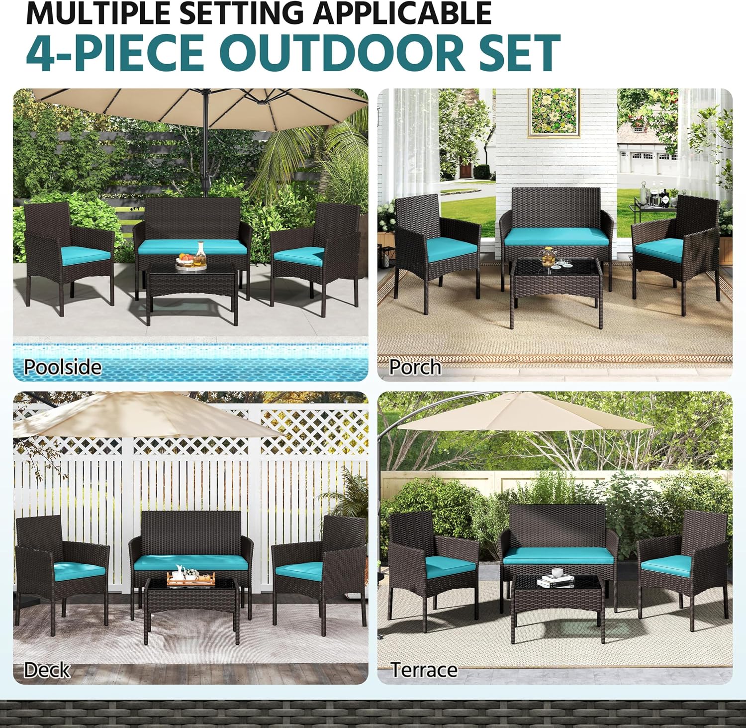 Yaheetech Patio Furniture Set 4 Pieces Conversation Sets, Rattan Chair Wicker Set Loveseat with Soft Cushion and Glass Table for Backyard Porch Garden Poolside Balcony, Brown and Cyan