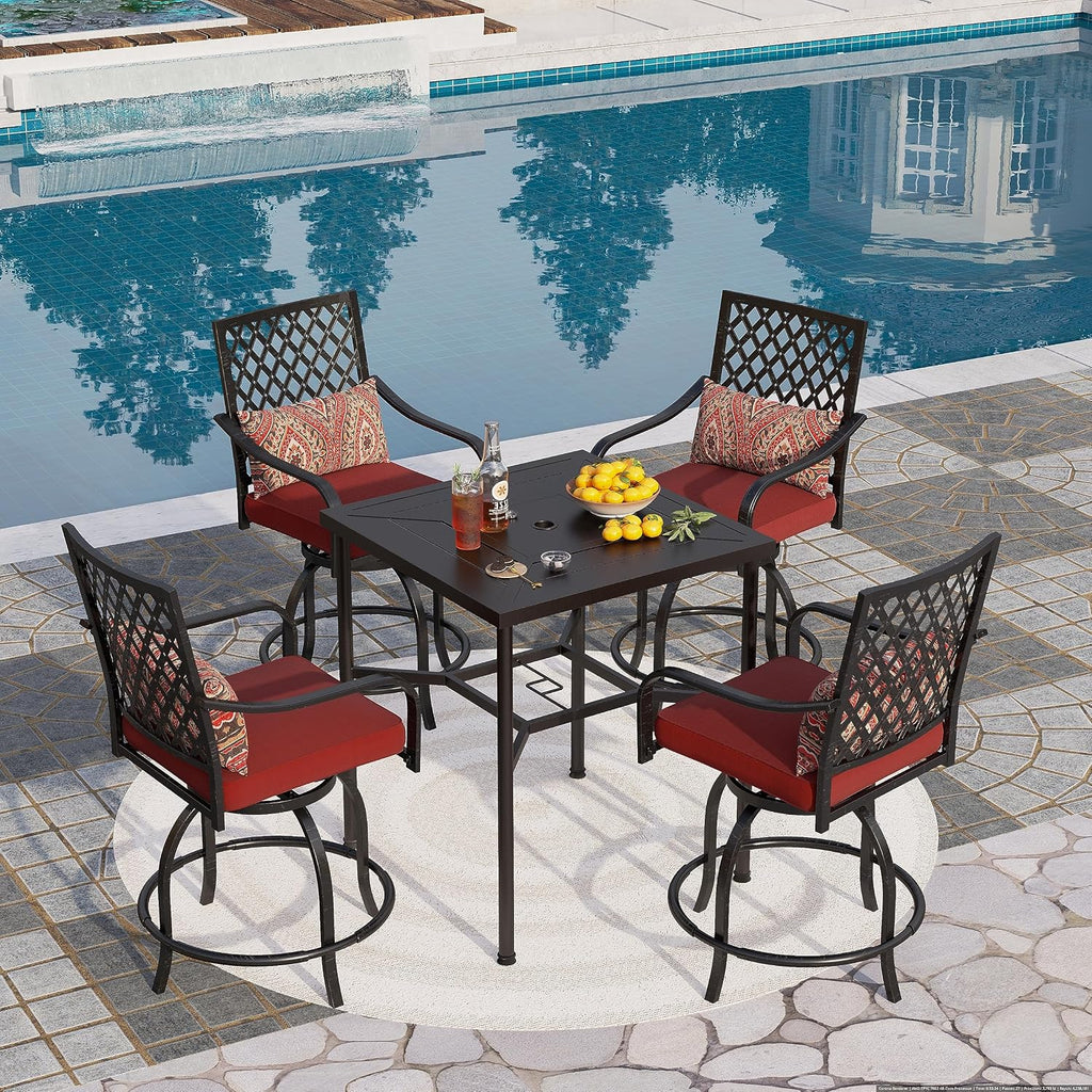 PHI VILLA 5 Piece Patio Bar Hight Dining Set for 4, Outdoor Bar Set with 4 Swivel Cushioned Bar Stools and 1 Square Metal Bar Table(1.9' Umbrella Hole) for Lawn Garden