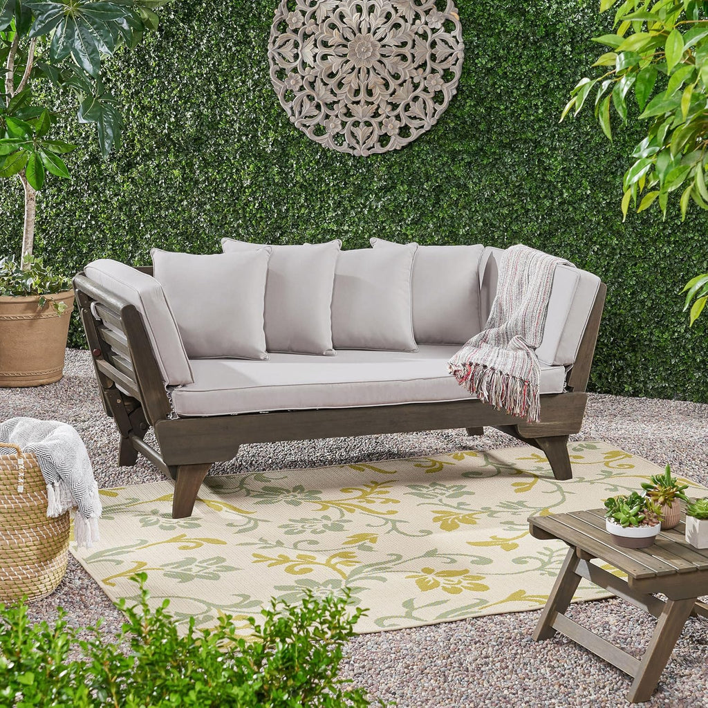 Merax Outdoor Patio Daybed Sofa,3-Seat Sofa with Foldable Arm 4 Back Pillows,Teak Acacia Wood Frame Beige Removable Cushion,Grey