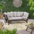 Merax Outdoor Patio Daybed Sofa,3-Seat Sofa with Foldable Arm 4 Back Pillows,Teak Acacia Wood Frame Beige Removable Cushion,Grey