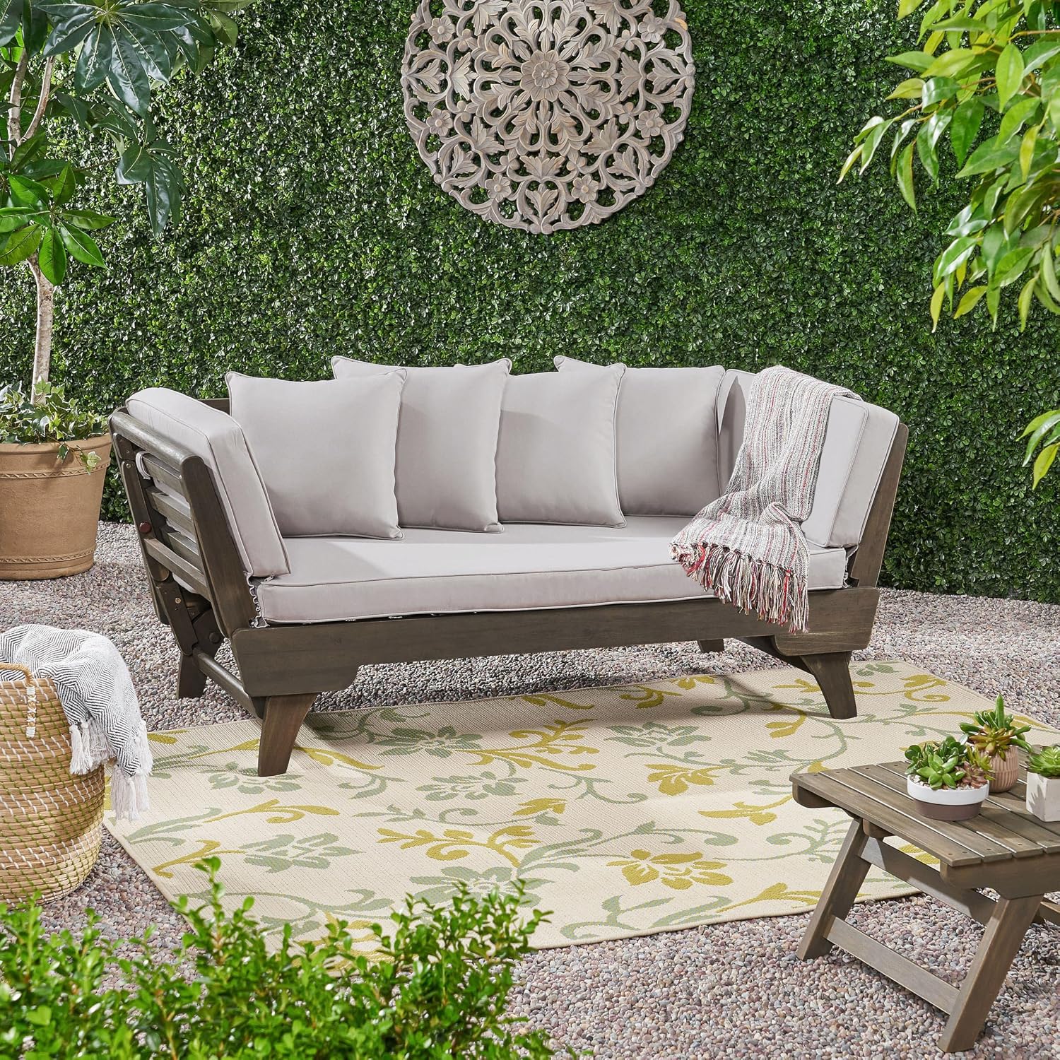 Merax Outdoor Patio Daybed Sofa,3-Seat Sofa with Foldable Arm 4 Back Pillows,Teak Acacia Wood Frame Beige Removable Cushion,Grey