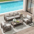 Amopatio Aluminum Patio Furniture Set, 6 Pieces Modern Metal Outdoor Furniture, Faux Wood Grain Finish Frame Patio Sofa Sets with 6' Cushion for Backyard, Beige