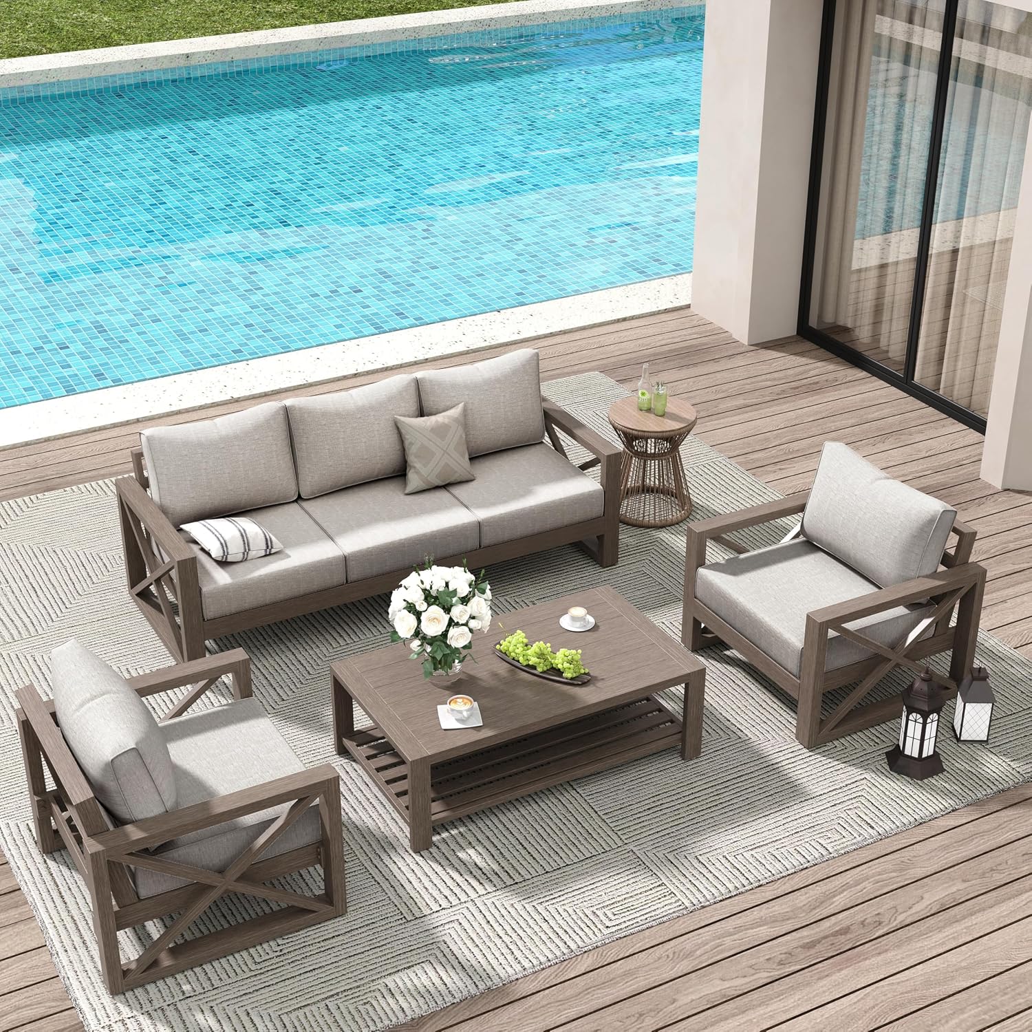Amopatio Aluminum Patio Furniture Set, 6 Pieces Modern Metal Outdoor Furniture, Faux Wood Grain Finish Frame Patio Sofa Sets with 6' Cushion for Backyard, Beige