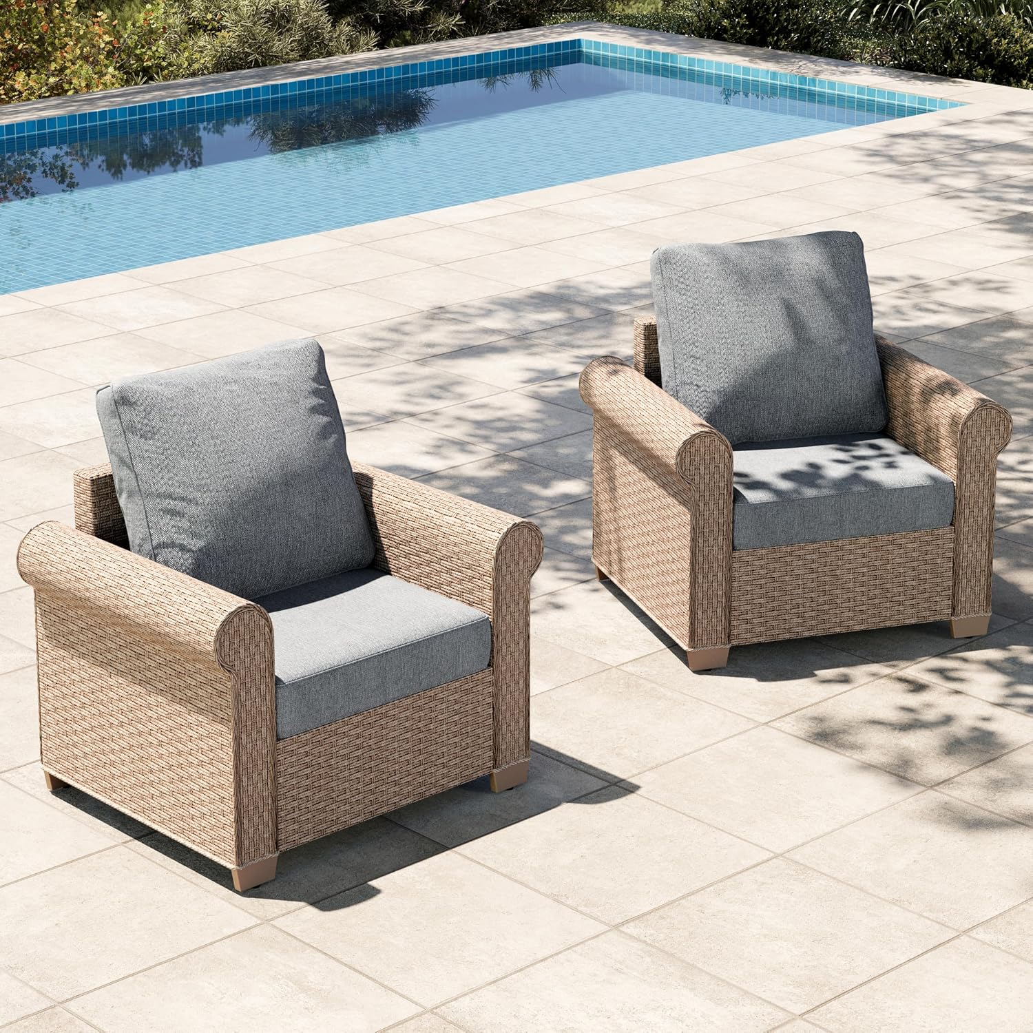 HERA'S HOUSE Patio Furniture Set, 2 Pieces Outdoor Wicker Chairs with Widened 5.9' Armrests and 5.5' Thick Waterproof Cushions, All Weather Conversation Set for Lawn Backyard Garden, Grey
